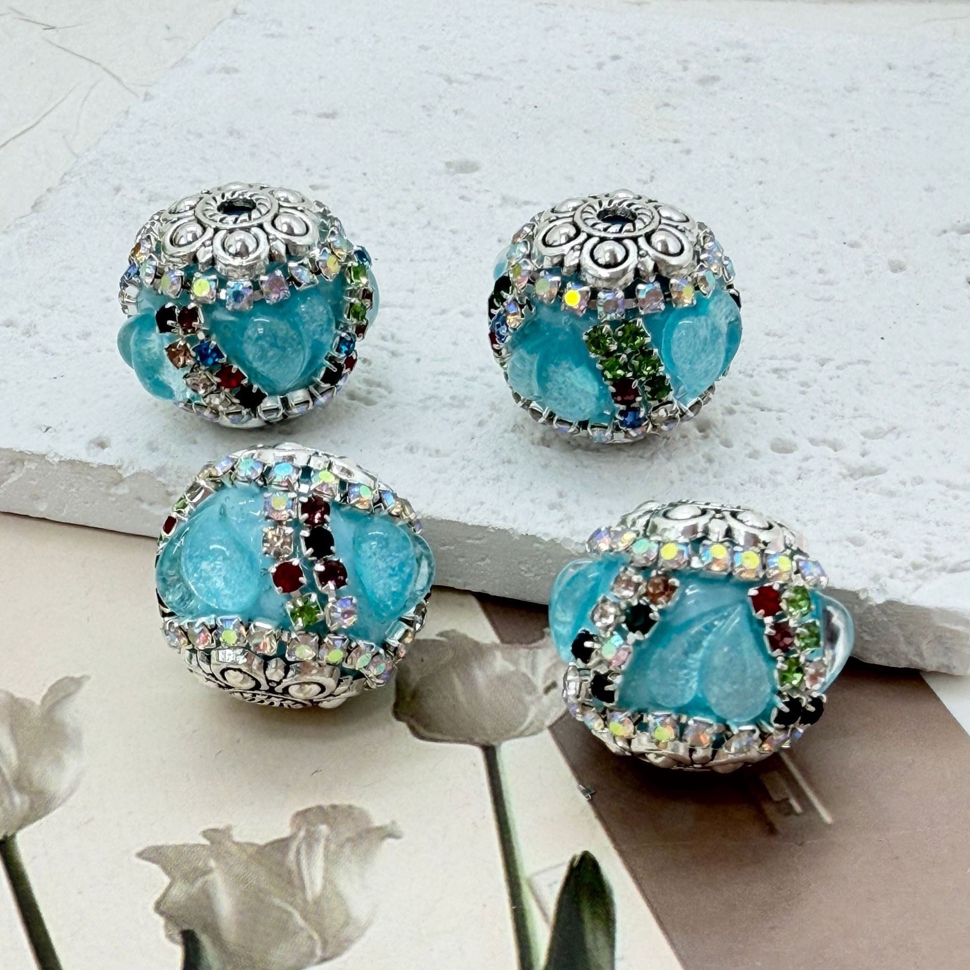 Heart Petal Rhinestone Spacer Beads, Glitter Flower Craft Beads for DIY Pen Making & Jewelry Accessories