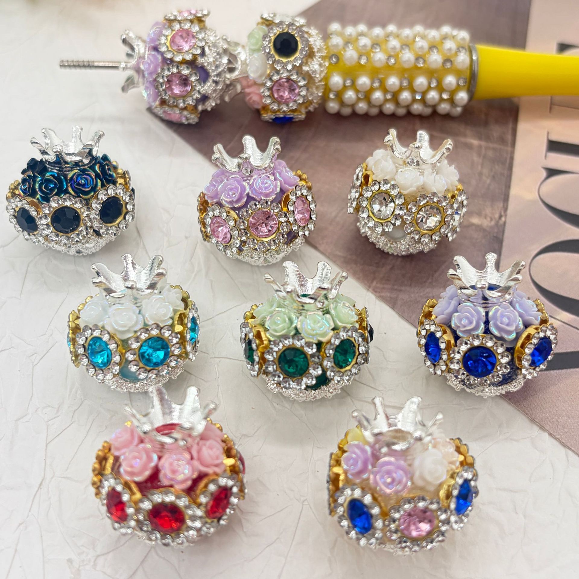 Crown Blue Rhinestone Rose Spacer Beads, Luxury Craft Beads for DIY Pen Making & Jewelry Accessories
