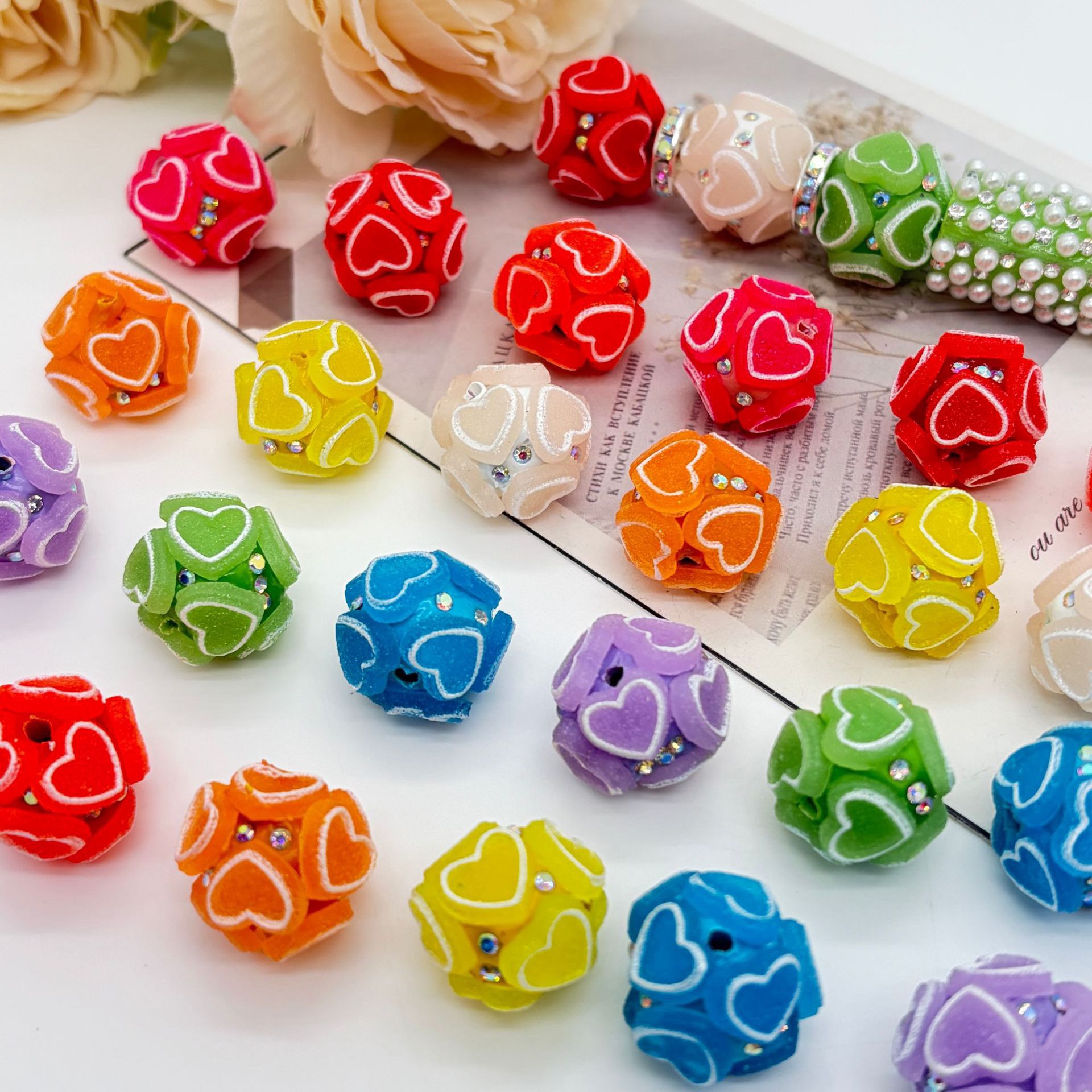 Rose Flower Ball Spacer Beads, 3D Floral Pearl Craft Beads for DIY Pen Making & Jewelry Accessories
