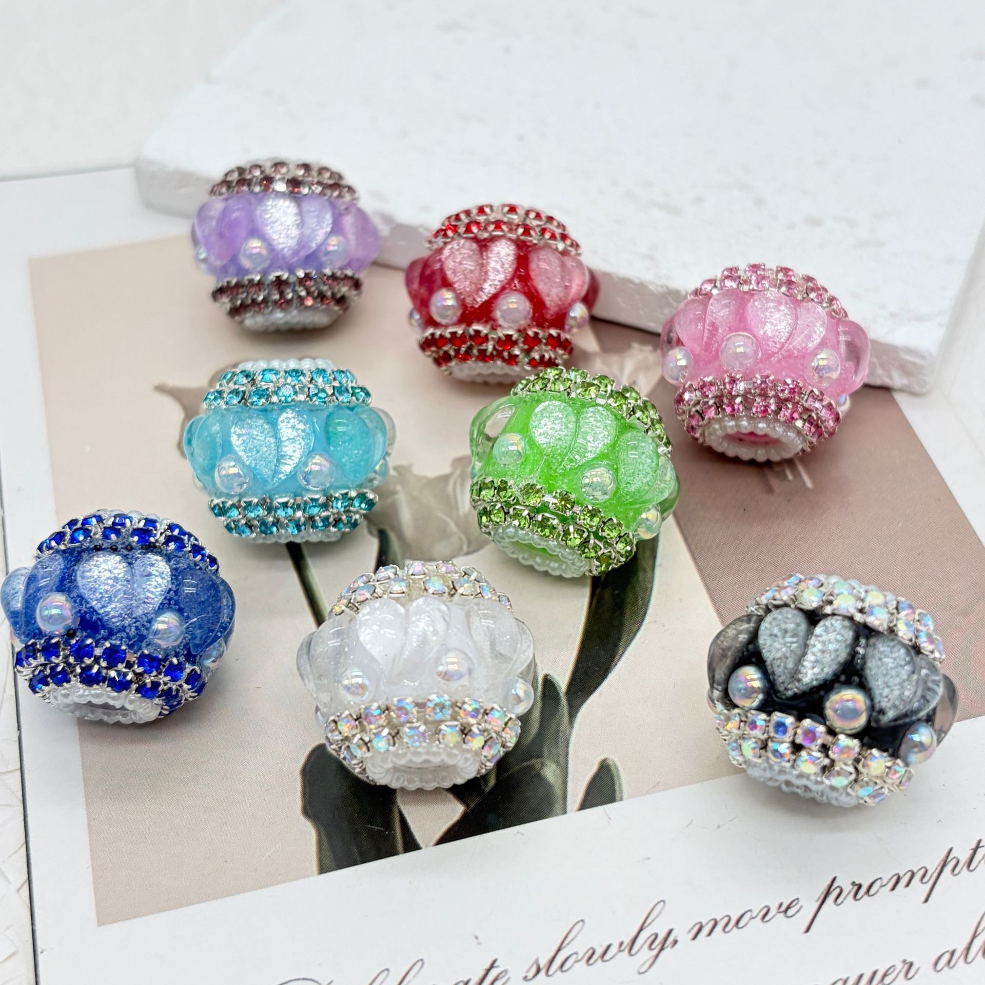 Heart Petal Rhinestone Spacer Beads, Glitter Flower Craft Beads for DIY Pen Making & Jewelry Accessories