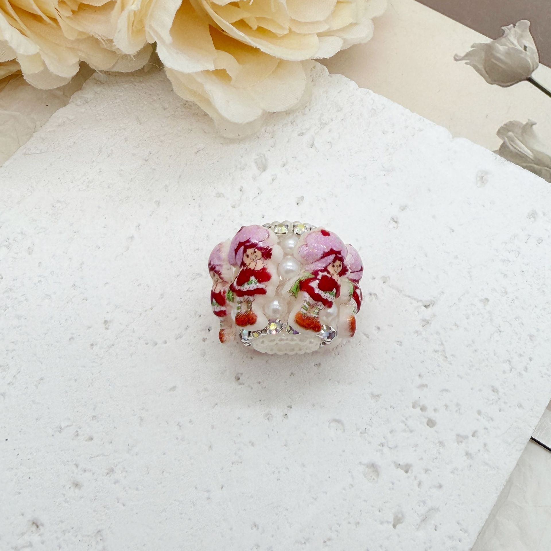 Strawberry Girl Printed Spacer Beads, Pearl Rhinestone Craft Beads for DIY Pen Making & Jewelry Accessories
