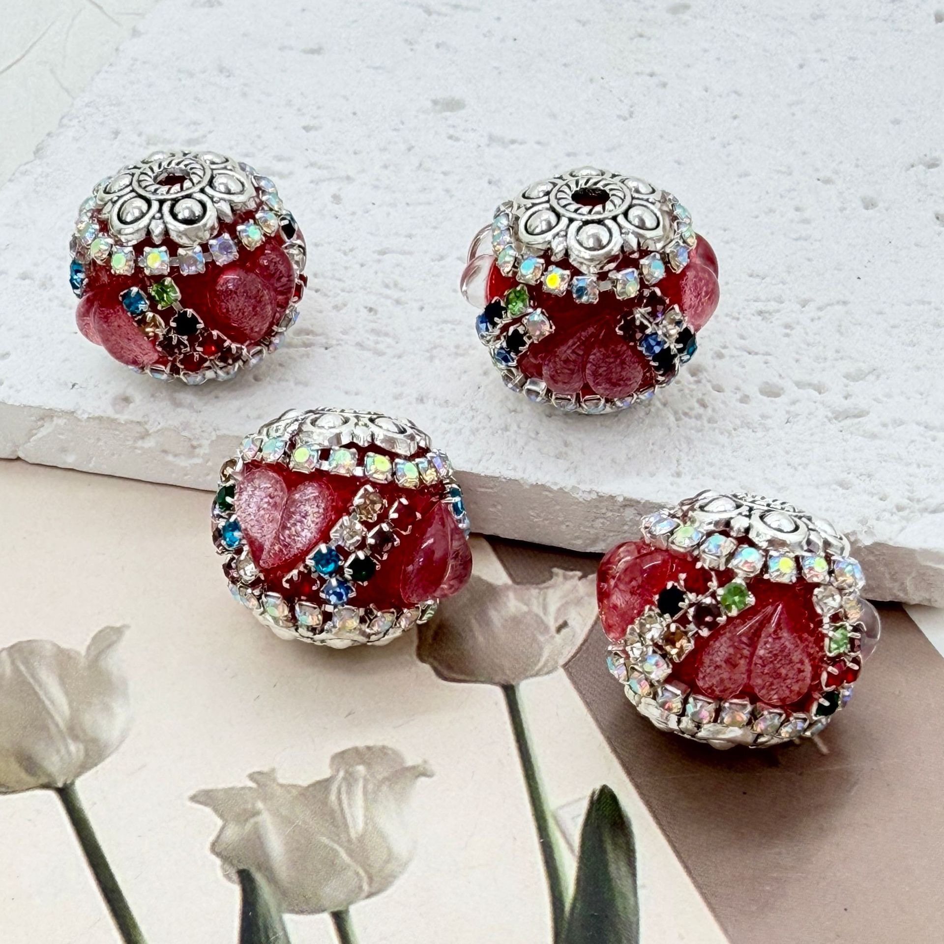 Heart Petal Rhinestone Spacer Beads, Glitter Flower Craft Beads for DIY Pen Making & Jewelry Accessories