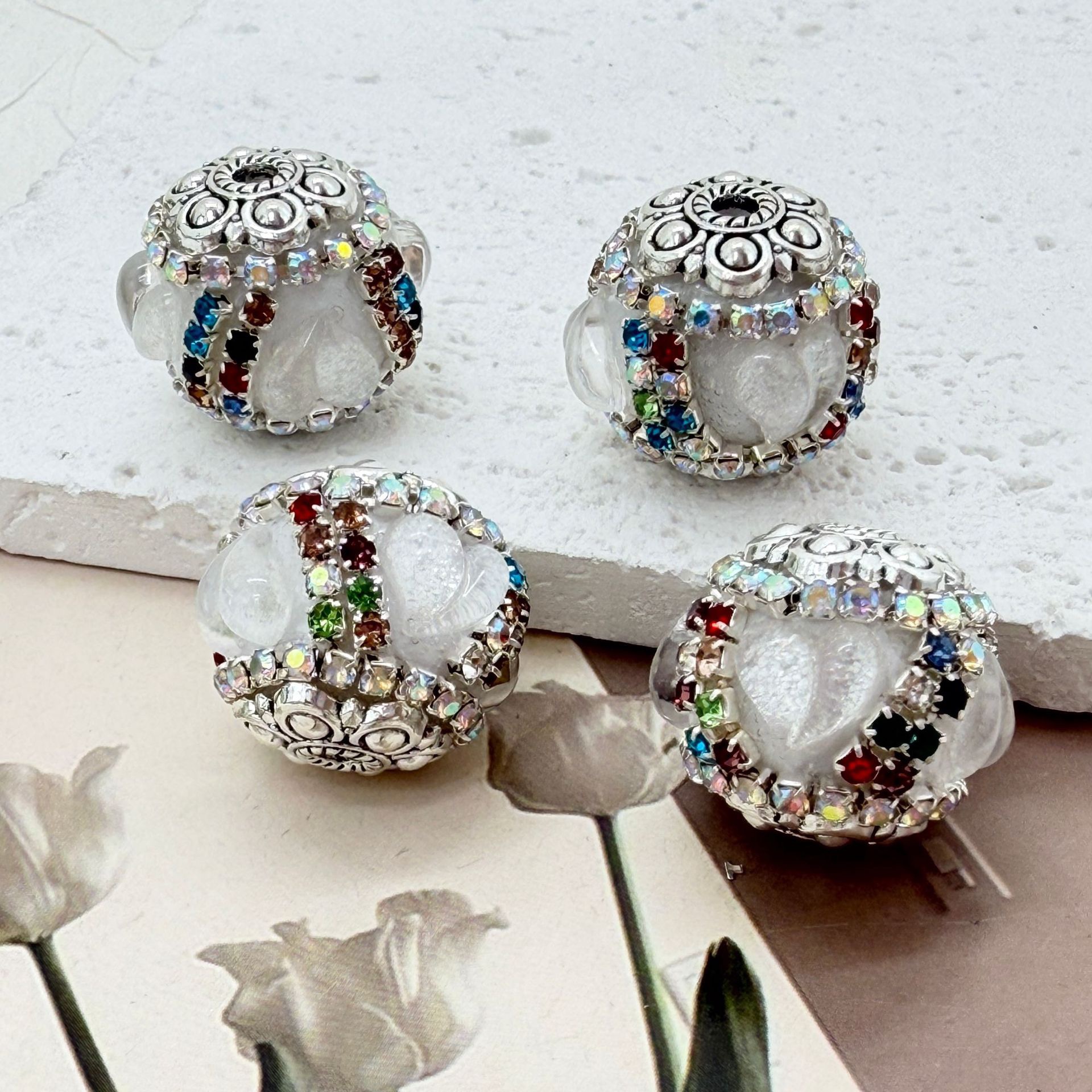 Heart Petal Rhinestone Spacer Beads, Glitter Flower Craft Beads for DIY Pen Making & Jewelry Accessories