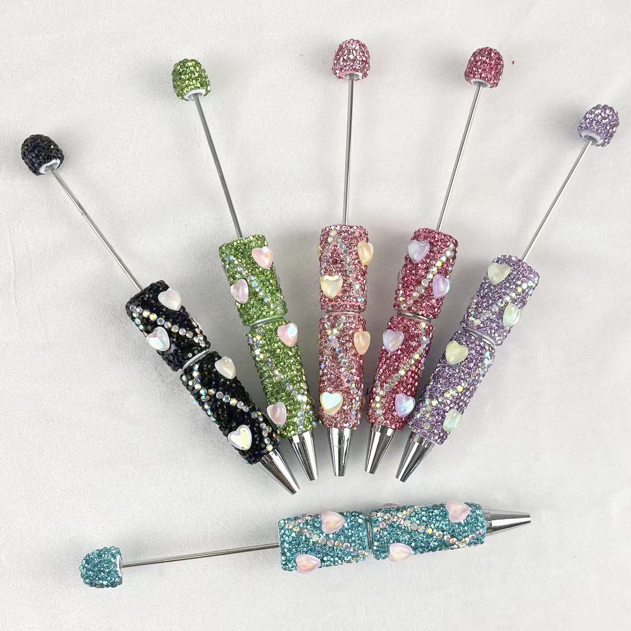 Bling Rhinestone Heart Beaded Pen, Custom Sparkle Ballpoint Pen, Kawaii Stationery Gift for Girls

