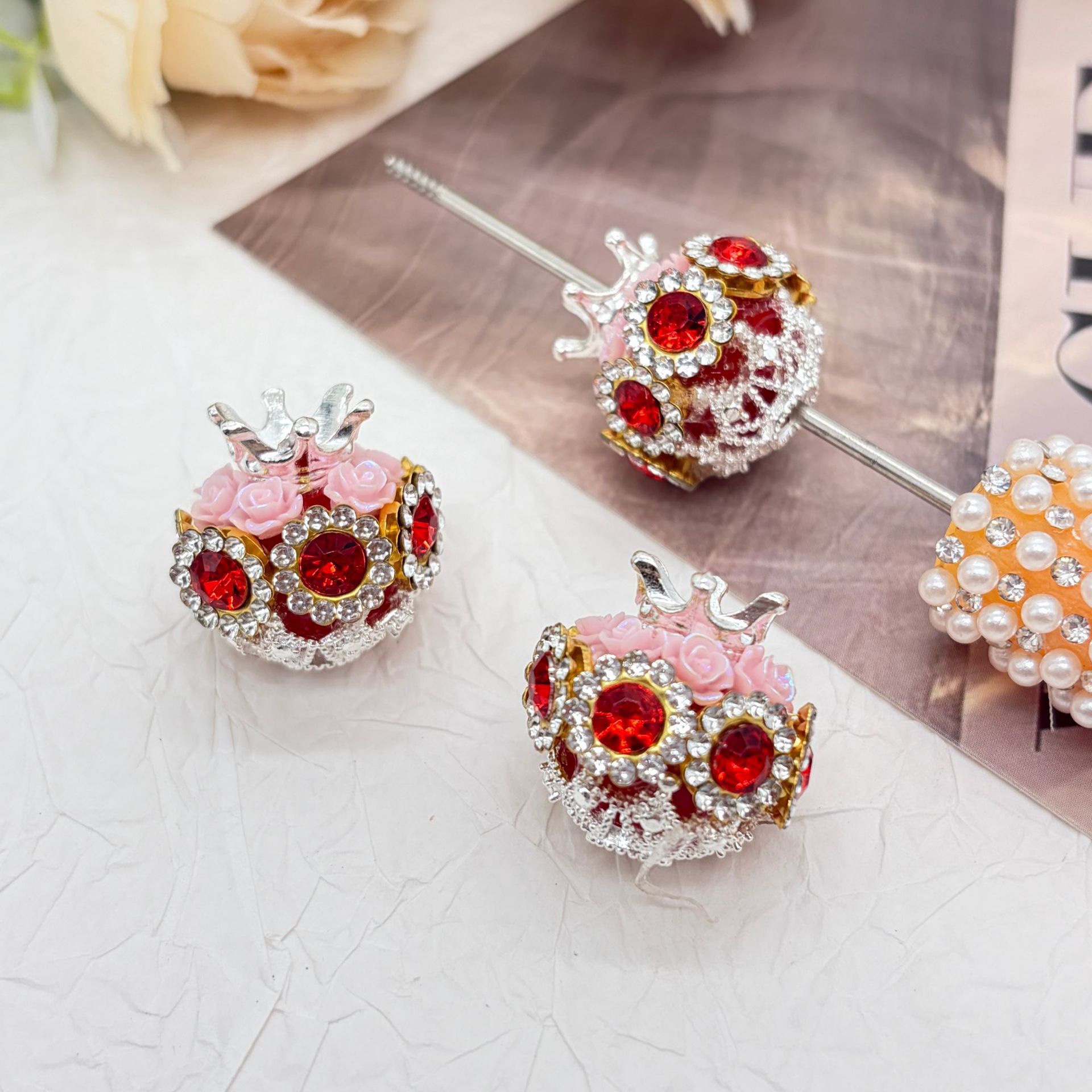 Crown Blue Rhinestone Rose Spacer Beads, Luxury Craft Beads for DIY Pen Making & Jewelry Accessories

