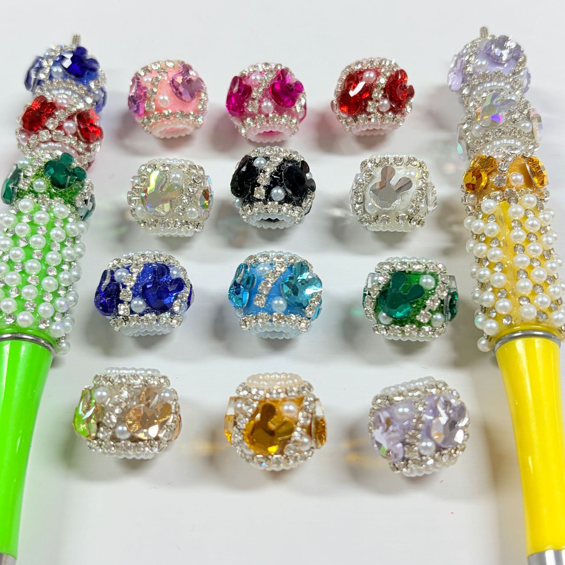 Green Mickey Head Rhinestone Spacer Beads, Cartoon Pearl Craft Beads for DIY Pen Making & Jewelry Accessories