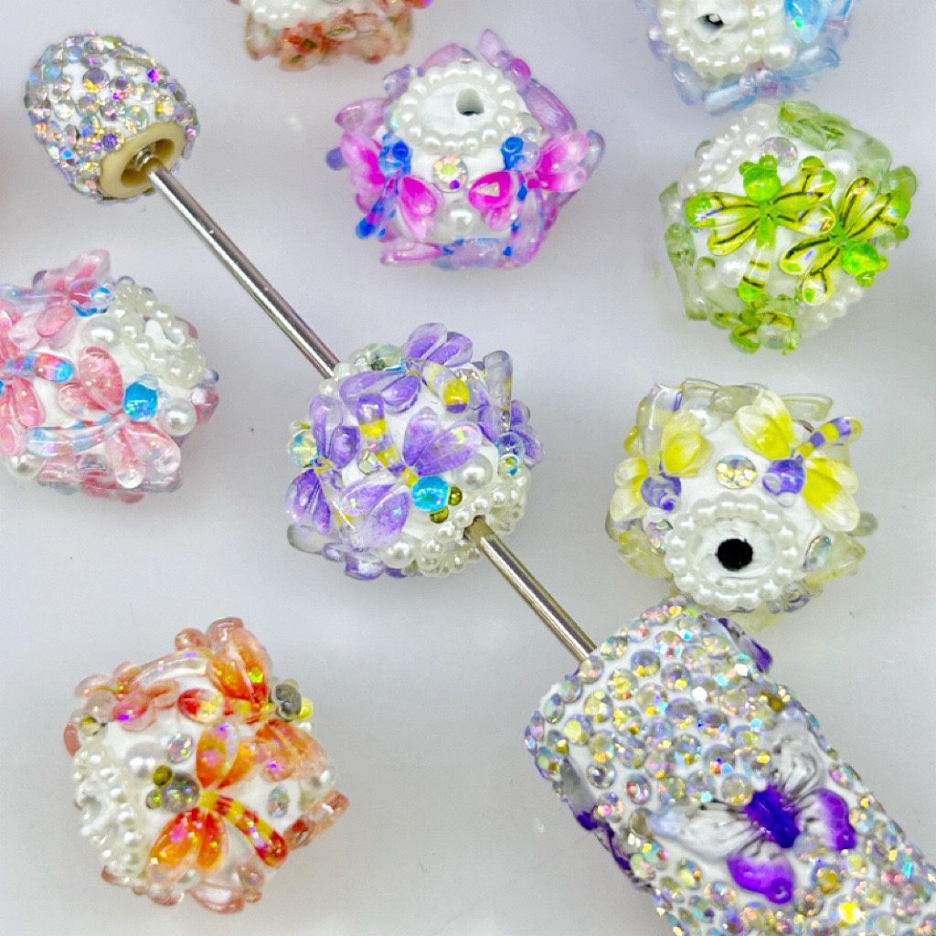 Handmade Butterfly Flower Rhinestone Spacer Beads, Pearl Decor Large Craft Beads for DIY Pen Making & Jewelry Accessories
