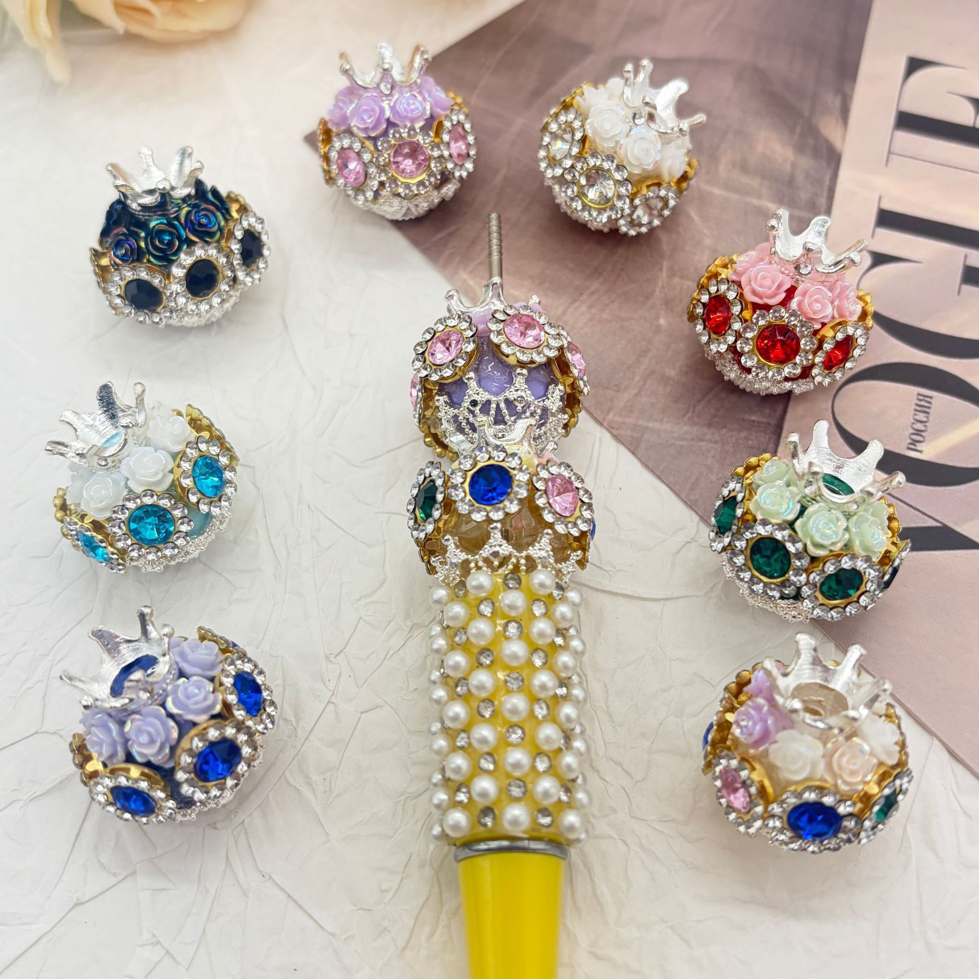 Crown Blue Rhinestone Rose Spacer Beads, Luxury Craft Beads for DIY Pen Making & Jewelry Accessories
