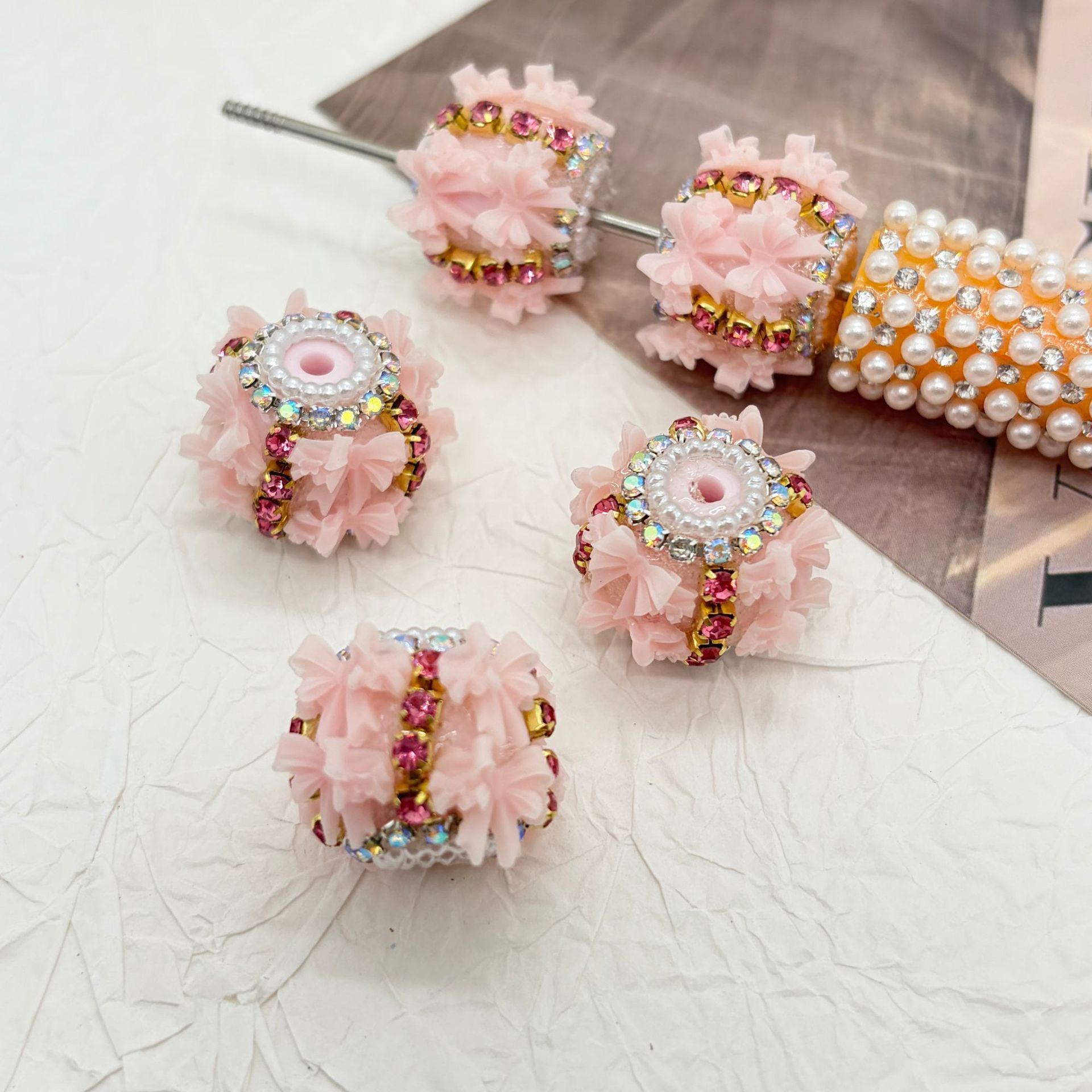3D Bow Rhinestone Barrel Spacer Beads, Pearl Trim Craft Beads for DIY Pen Making & Jewelry Accessories

