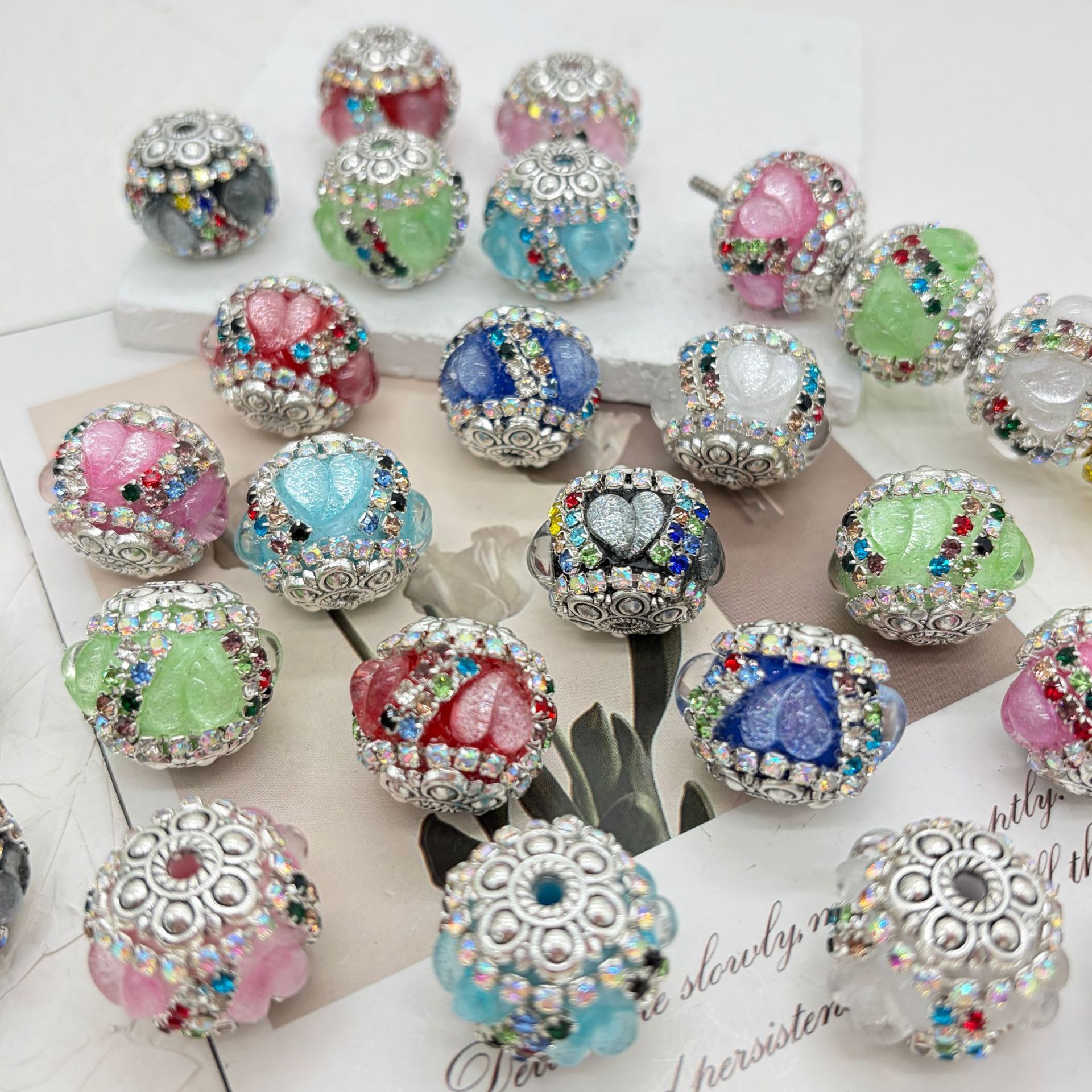 Heart Petal Rhinestone Spacer Beads, Glitter Flower Craft Beads for DIY Pen Making & Jewelry Accessories