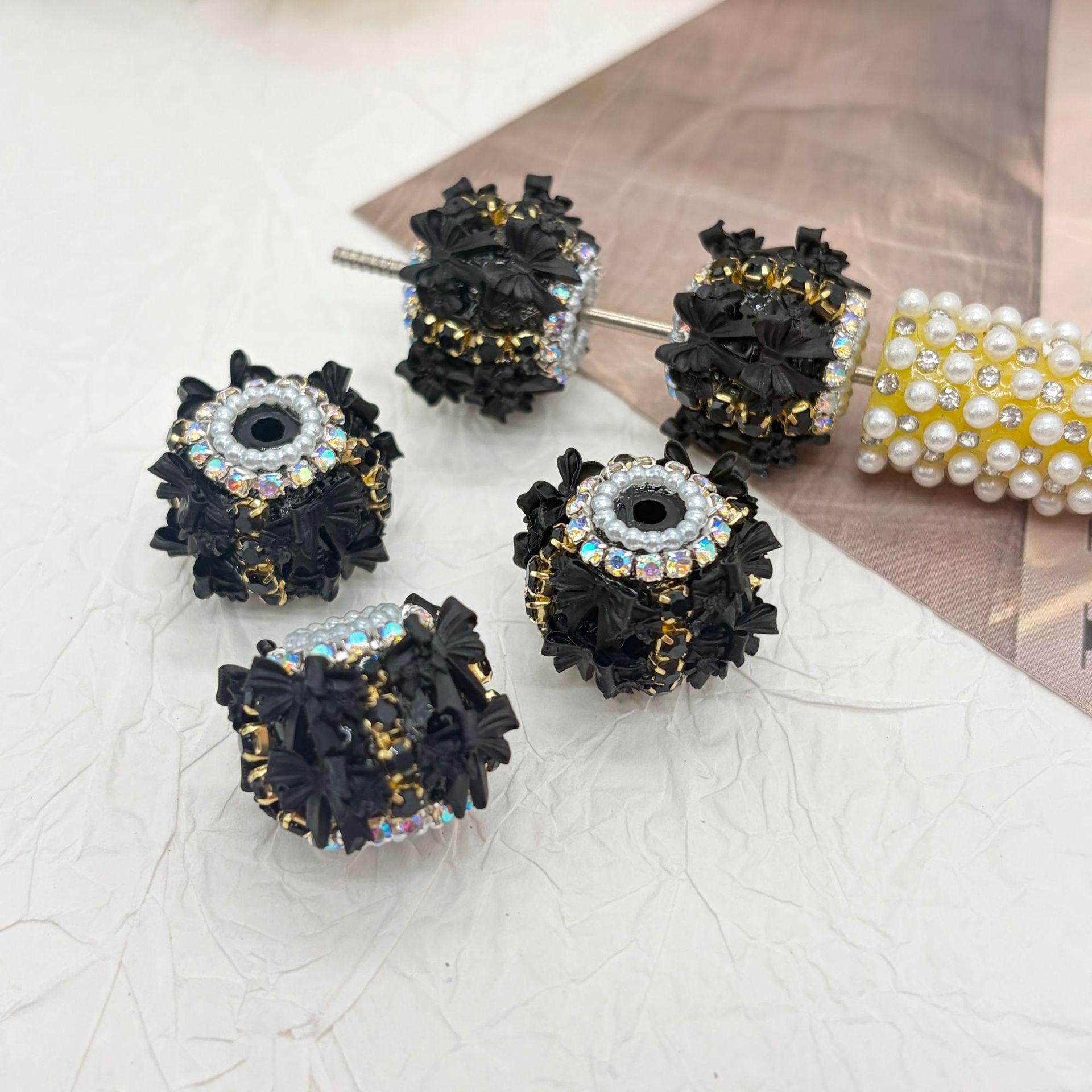 3D Bow Rhinestone Barrel Spacer Beads, Pearl Trim Craft Beads for DIY Pen Making & Jewelry Accessories
