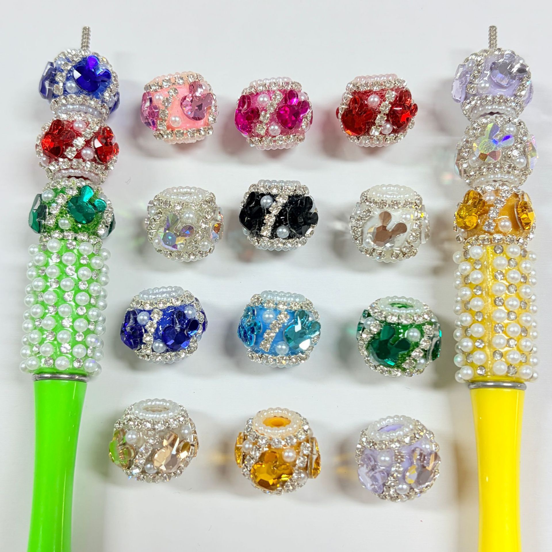 Green Mickey Head Rhinestone Spacer Beads, Cartoon Pearl Craft Beads for DIY Pen Making & Jewelry Accessories