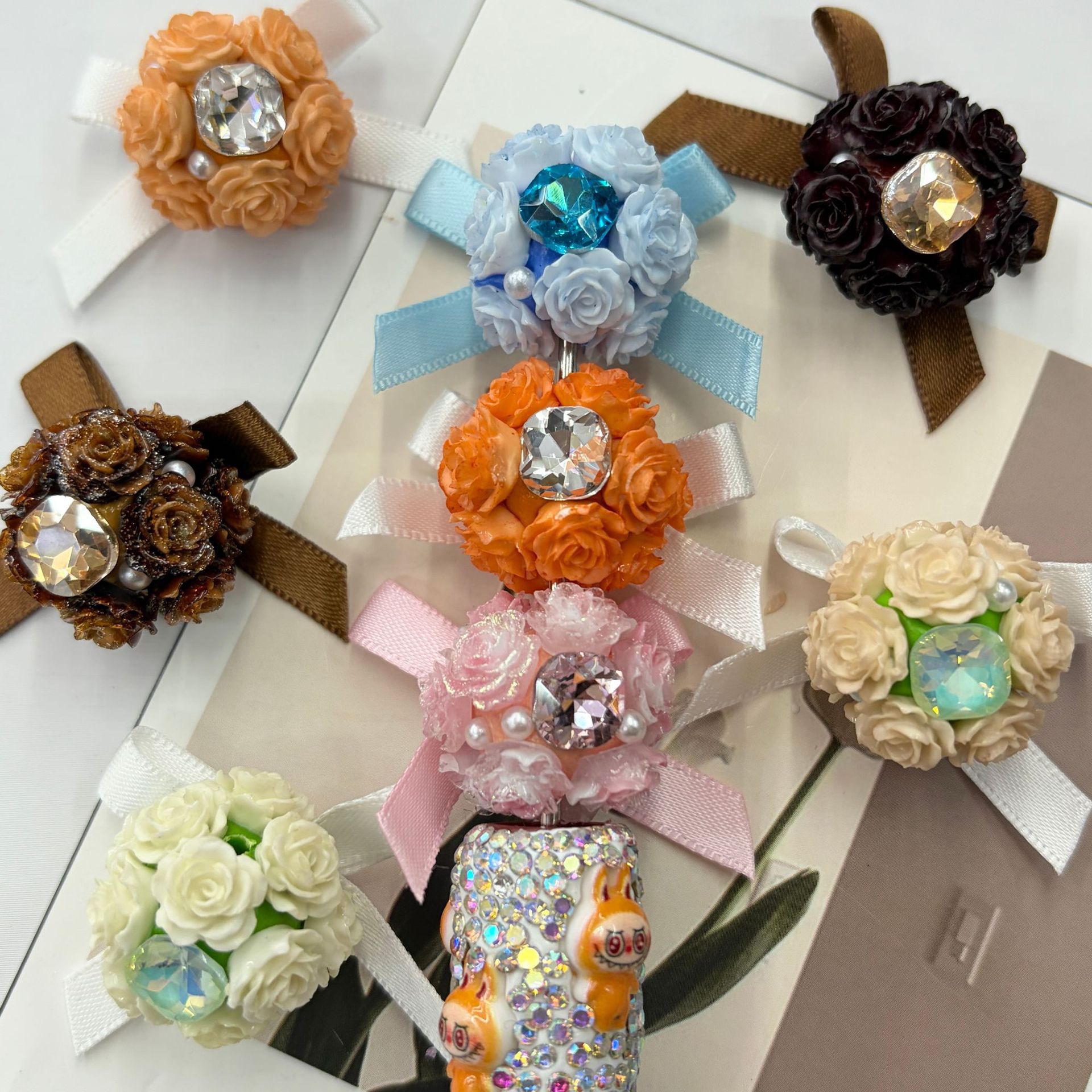 Rose Bow Rhinestone Spacer Beads, Floral Ribbon Craft Beads for DIY Pen Making & Jewelry Accessories
