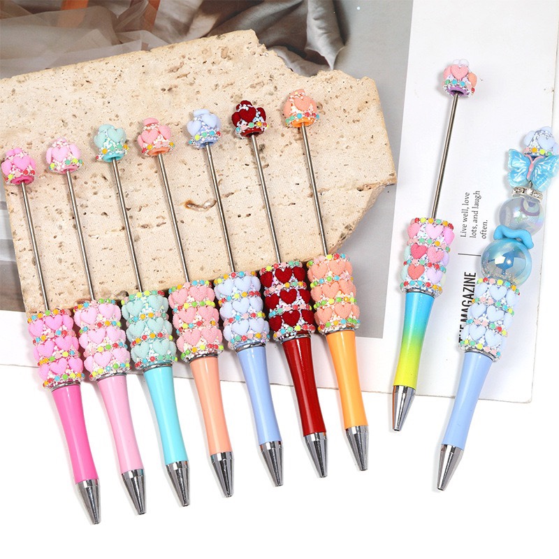 Handmade Red Heart Beaded Ballpoint Pen, Cute Bling Decorative Kawaii Stationery Pen for Girls