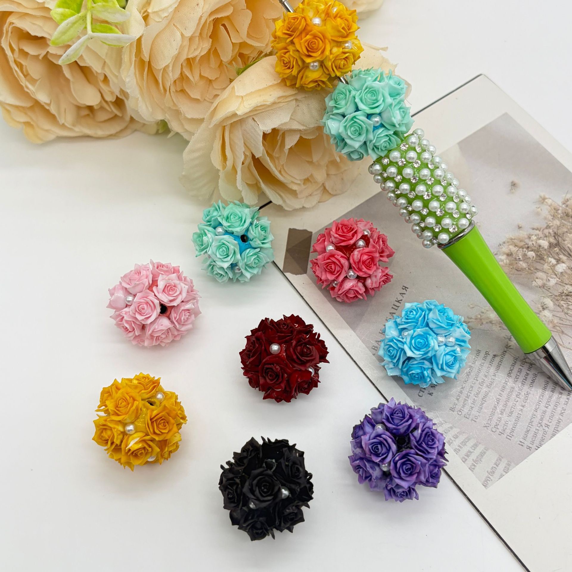 Rose Flower Ball Spacer Beads, 3D Floral Pearl Craft Beads for DIY Pen Making & Jewelry Accessories

