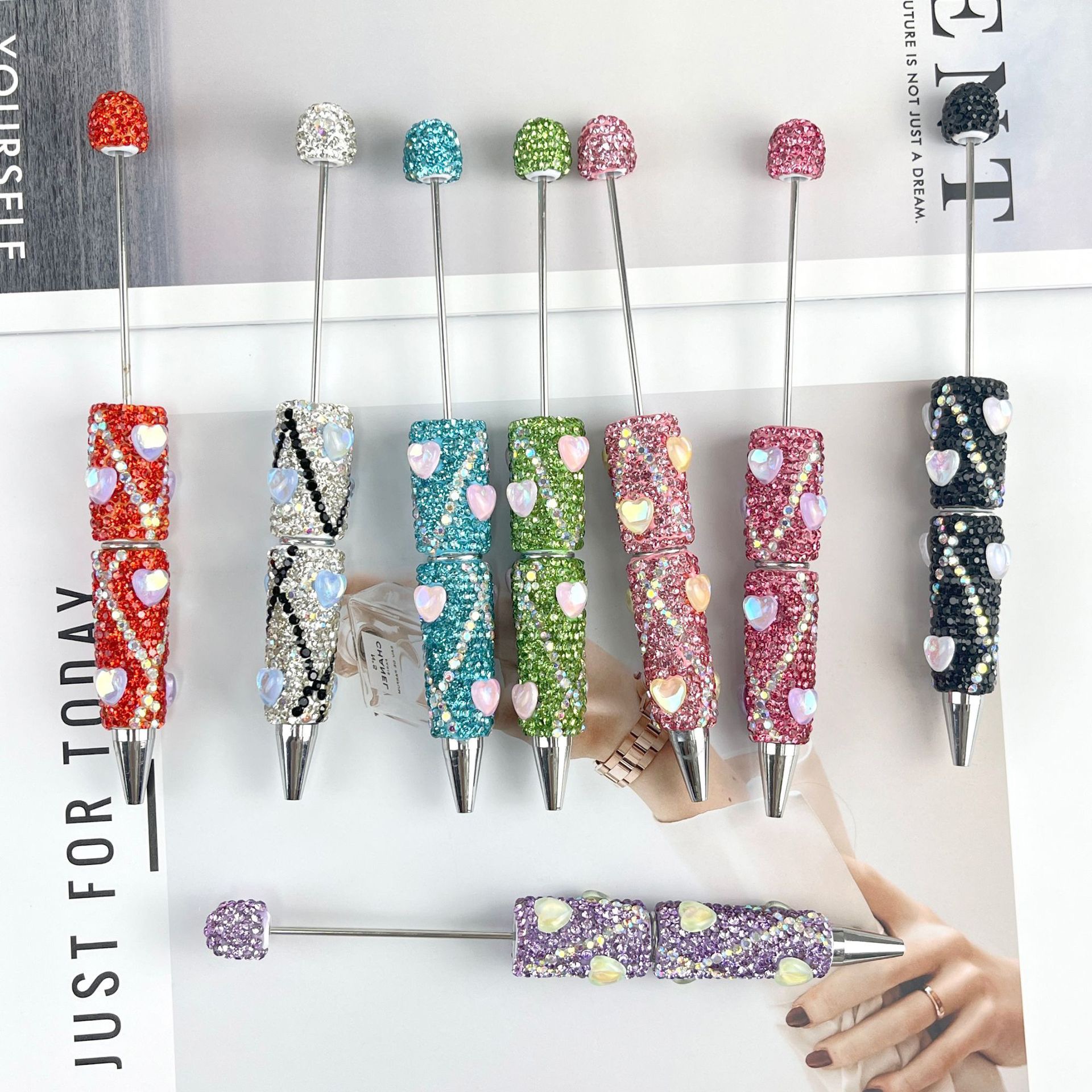 Bling Rhinestone Heart Beaded Pen, Custom Sparkle Ballpoint Pen, Kawaii Stationery Gift for Girls
