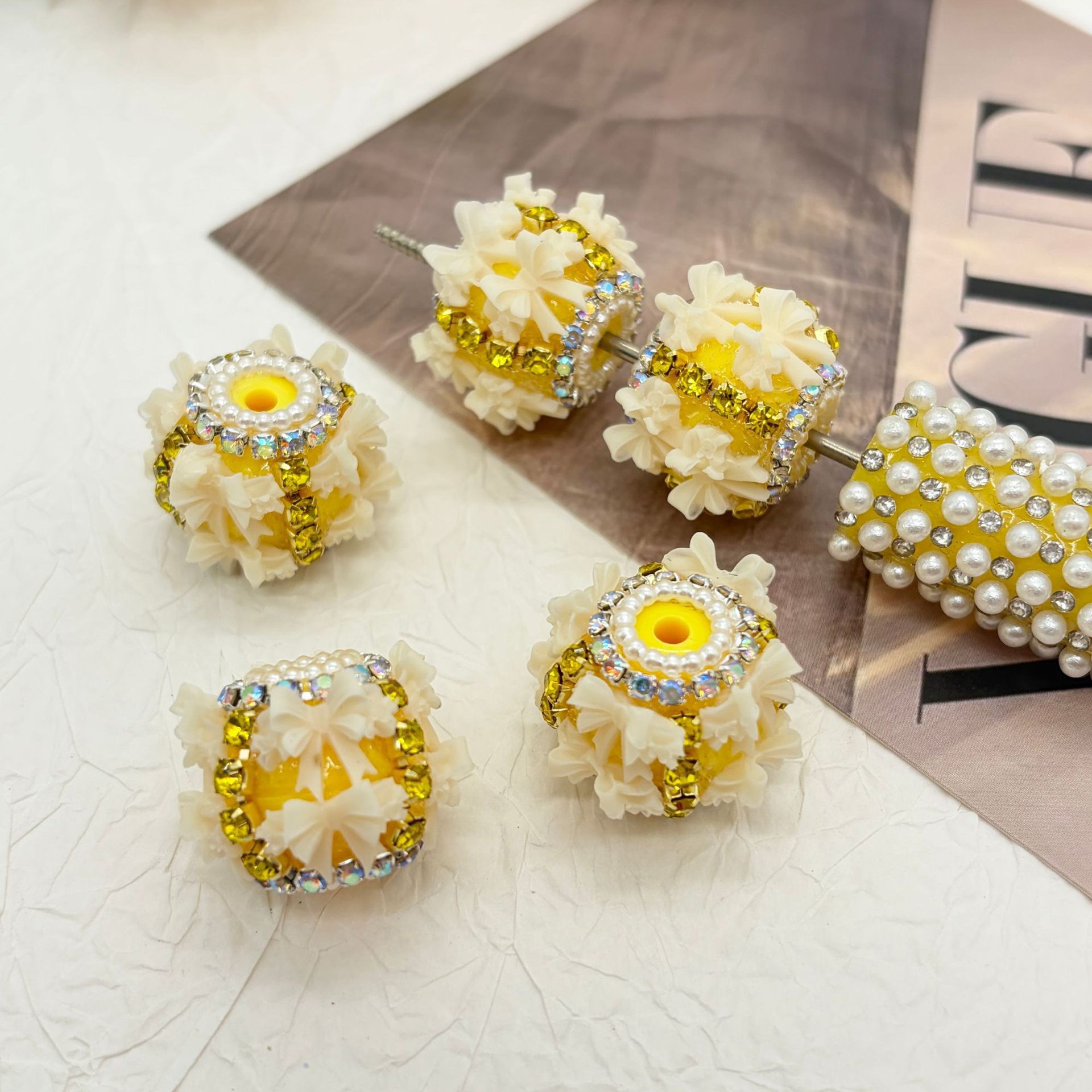 3D Bow Rhinestone Barrel Spacer Beads, Pearl Trim Craft Beads for DIY Pen Making & Jewelry Accessories
