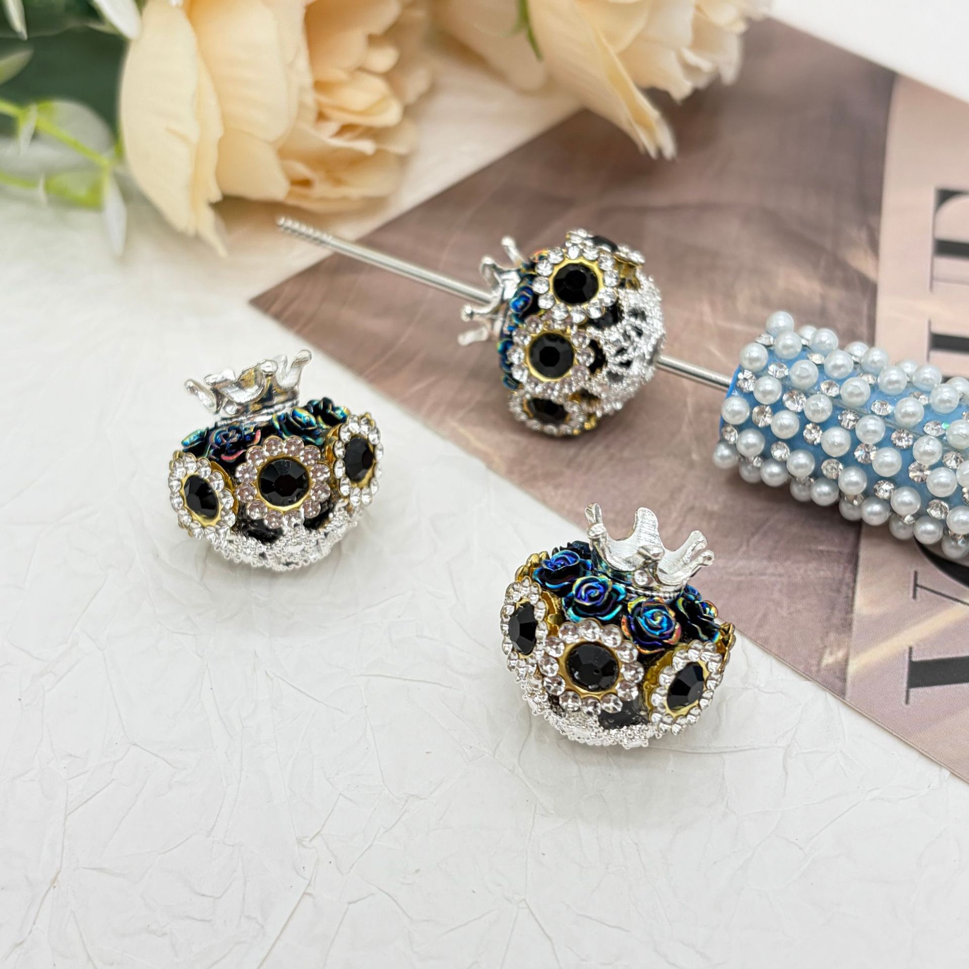 Crown Blue Rhinestone Rose Spacer Beads, Luxury Craft Beads for DIY Pen Making & Jewelry Accessories
