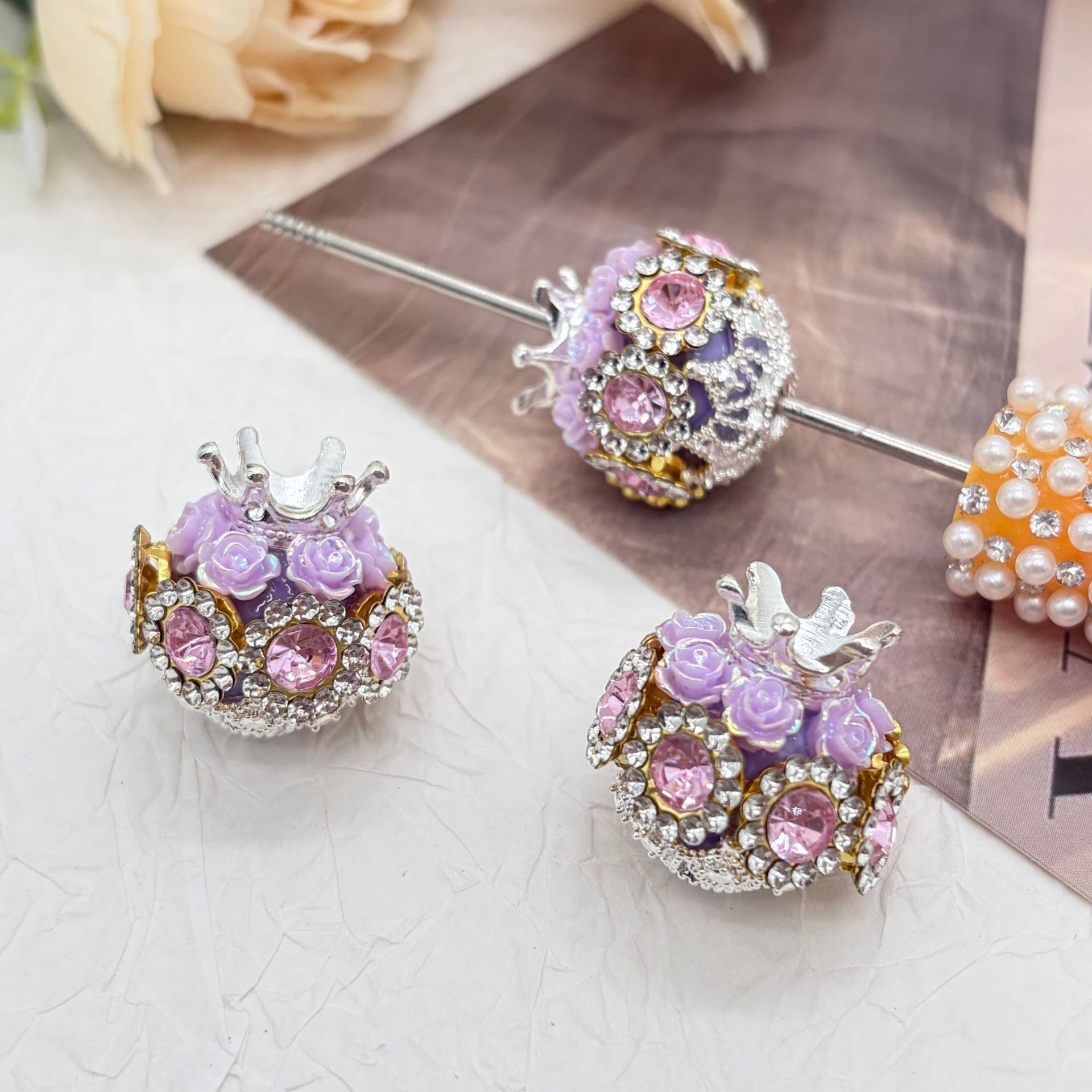 Crown Blue Rhinestone Rose Spacer Beads, Luxury Craft Beads for DIY Pen Making & Jewelry Accessories

