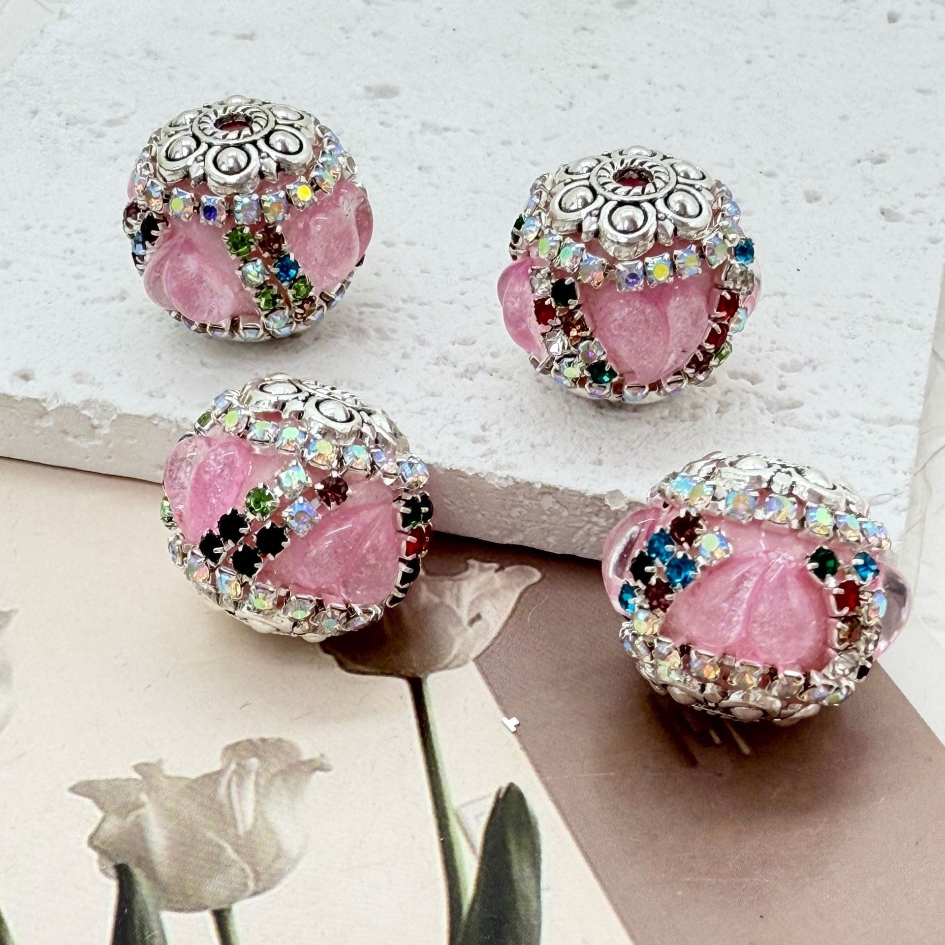 Heart Petal Rhinestone Spacer Beads, Glitter Flower Craft Beads for DIY Pen Making & Jewelry Accessories