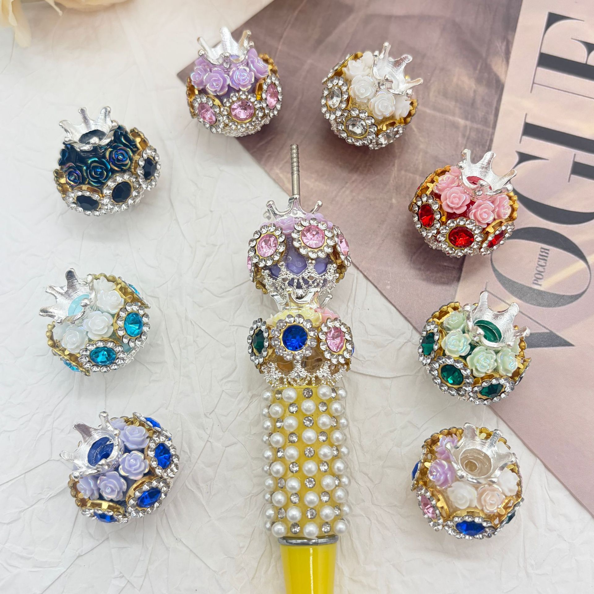 Crown Blue Rhinestone Rose Spacer Beads, Luxury Craft Beads for DIY Pen Making & Jewelry Accessories
