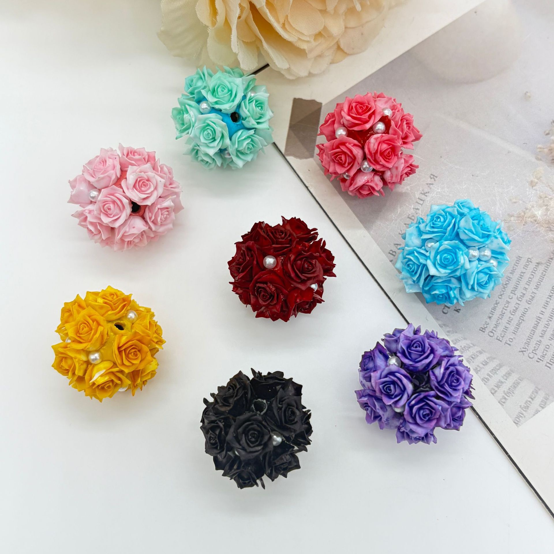 Rose Flower Ball Spacer Beads, 3D Floral Pearl Craft Beads for DIY Pen Making & Jewelry Accessories

