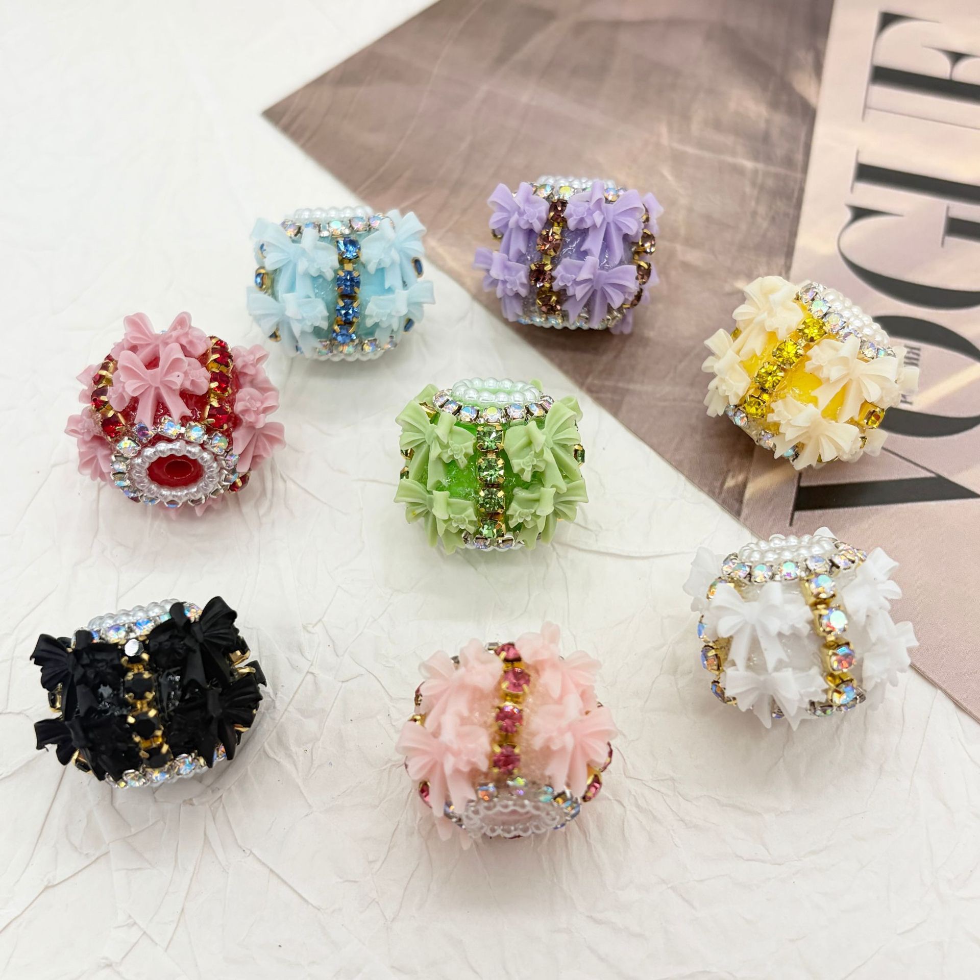 3D Bow Rhinestone Barrel Spacer Beads, Pearl Trim Craft Beads for DIY Pen Making & Jewelry Accessories
