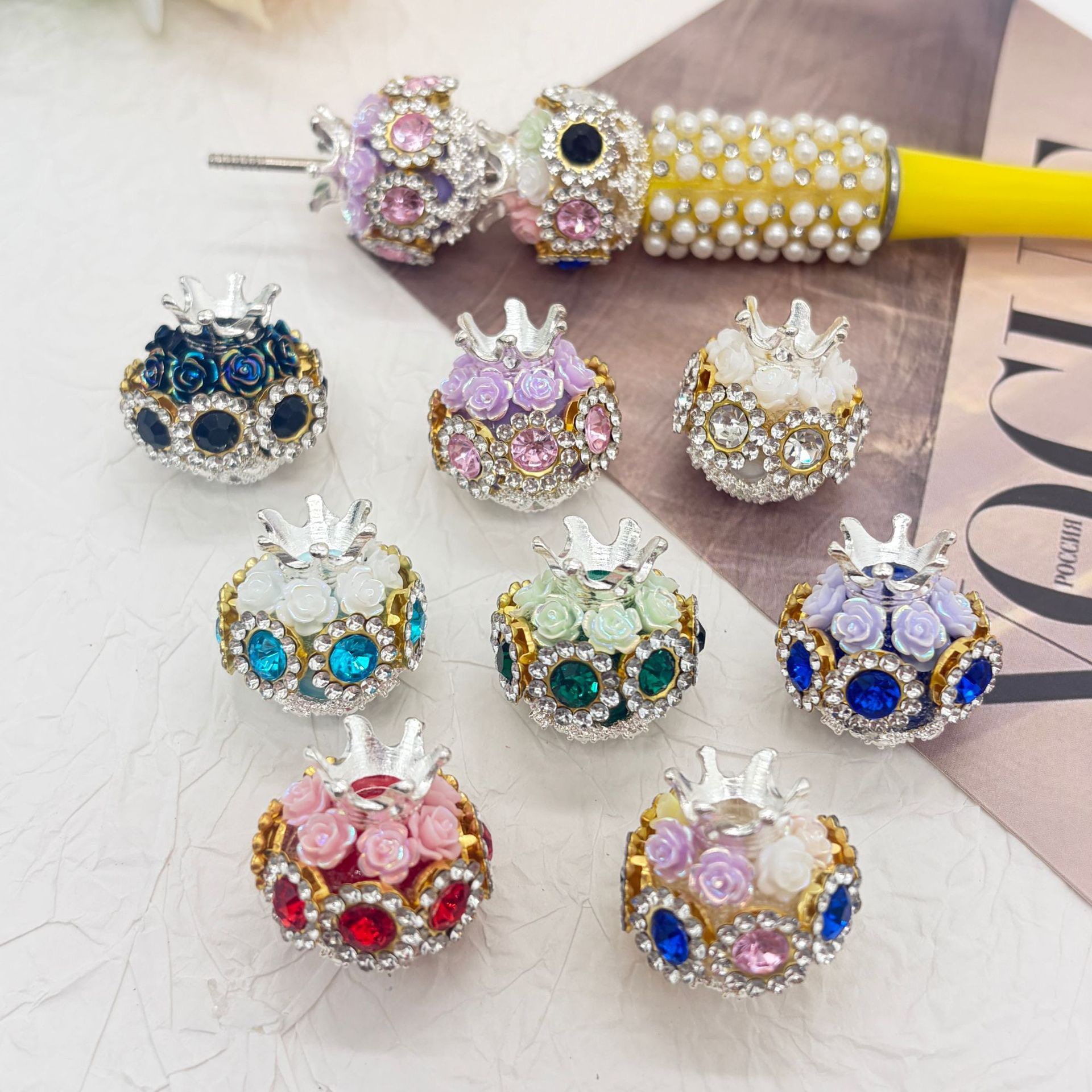 Crown Blue Rhinestone Rose Spacer Beads, Luxury Craft Beads for DIY Pen Making & Jewelry Accessories
