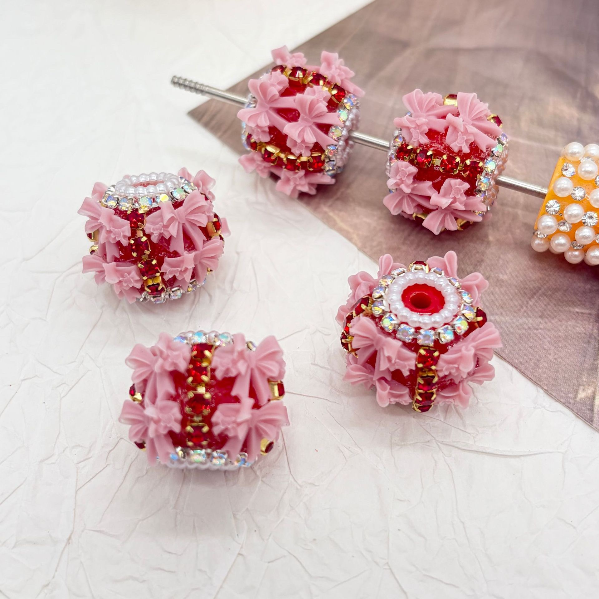 3D Bow Rhinestone Barrel Spacer Beads, Pearl Trim Craft Beads for DIY Pen Making & Jewelry Accessories
