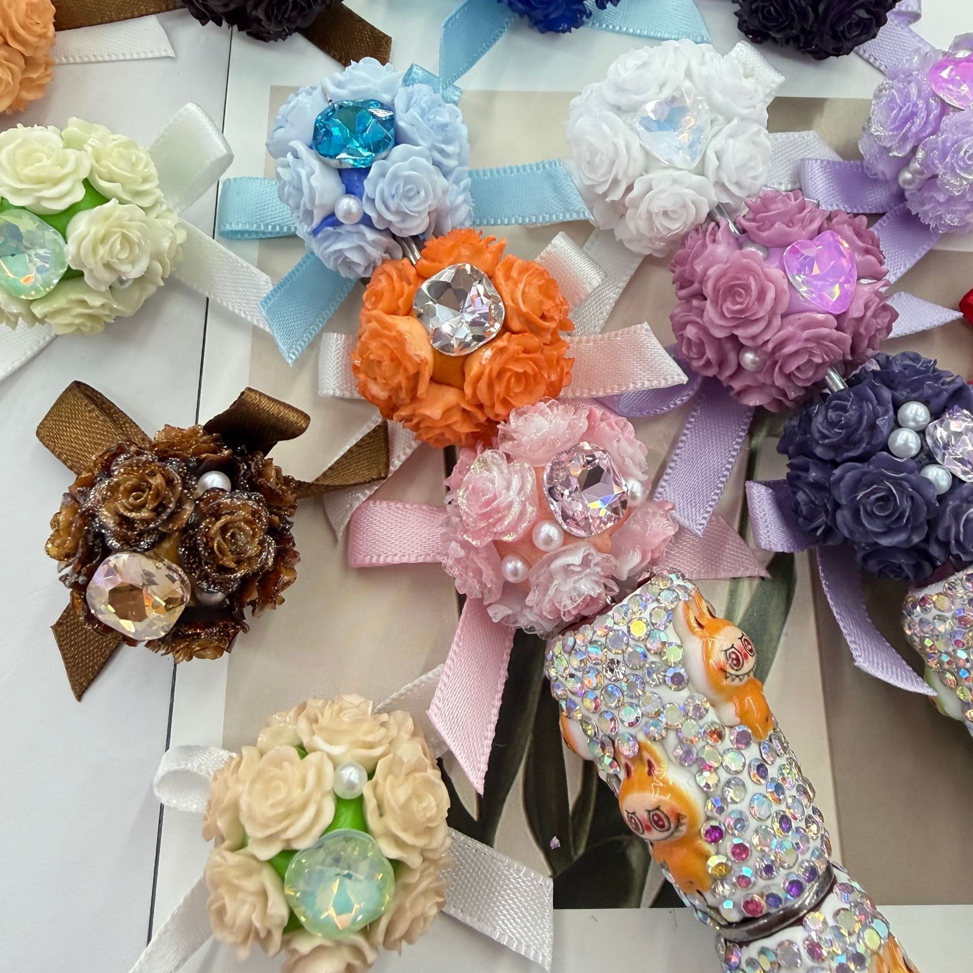 Rose Bow Rhinestone Spacer Beads, Floral Ribbon Craft Beads for DIY Pen Making & Jewelry Accessories

