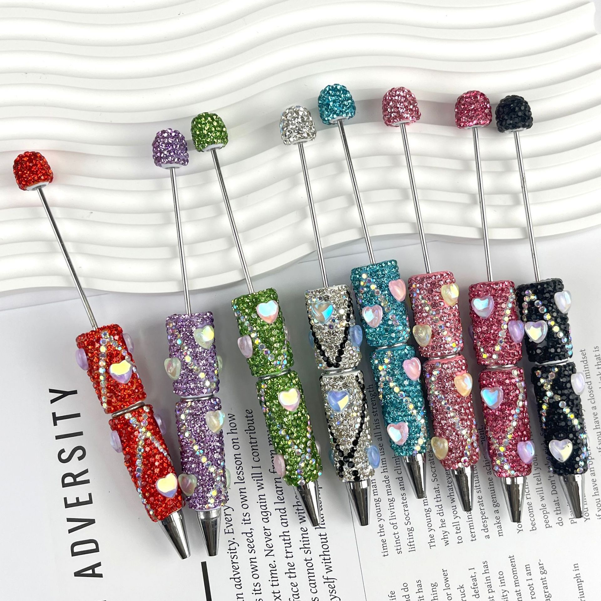 Bling Rhinestone Heart Beaded Pen, Custom Sparkle Ballpoint Pen, Kawaii Stationery Gift for Girls
