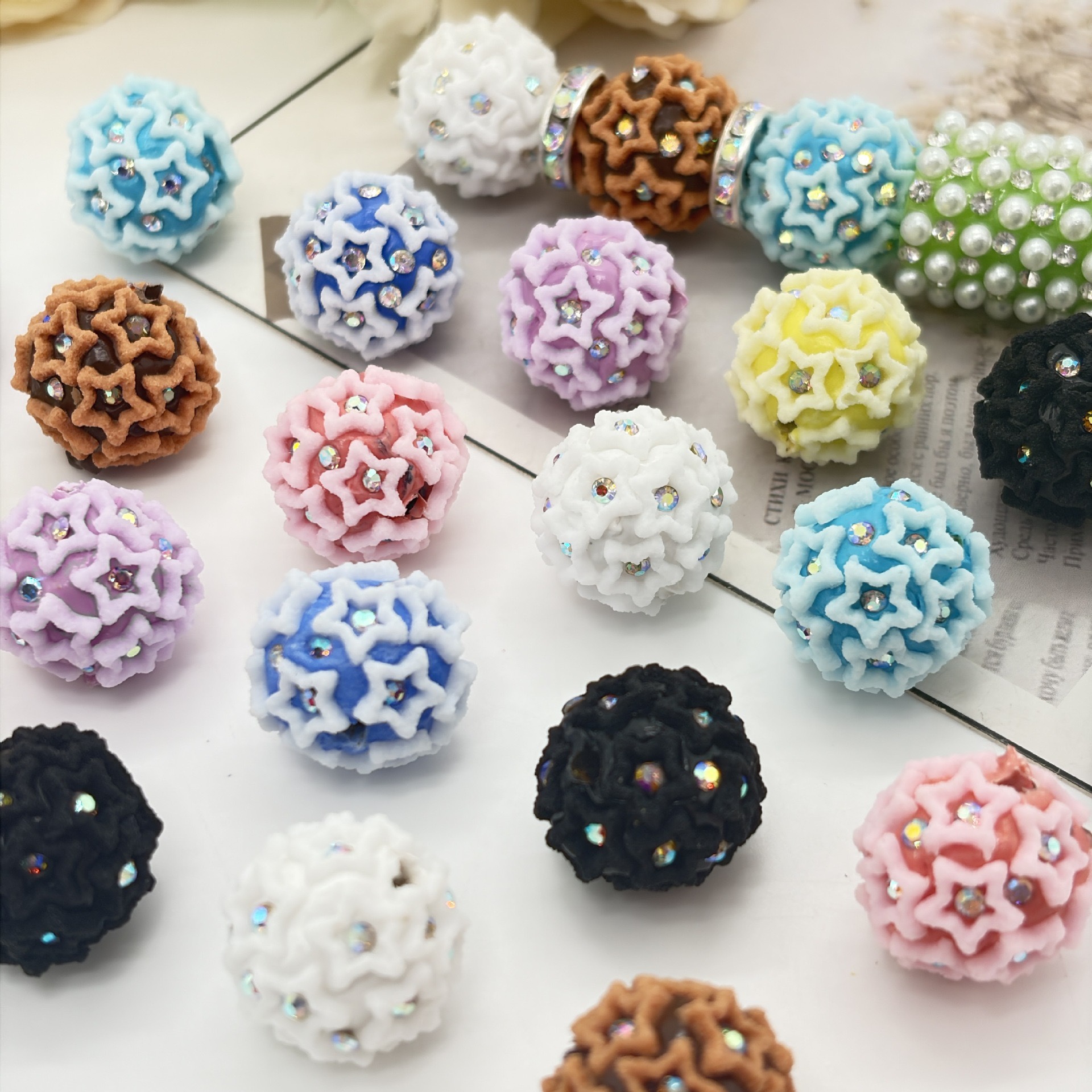 Rose Flower Ball Spacer Beads, 3D Floral Pearl Craft Beads for DIY Pen Making & Jewelry Accessories
