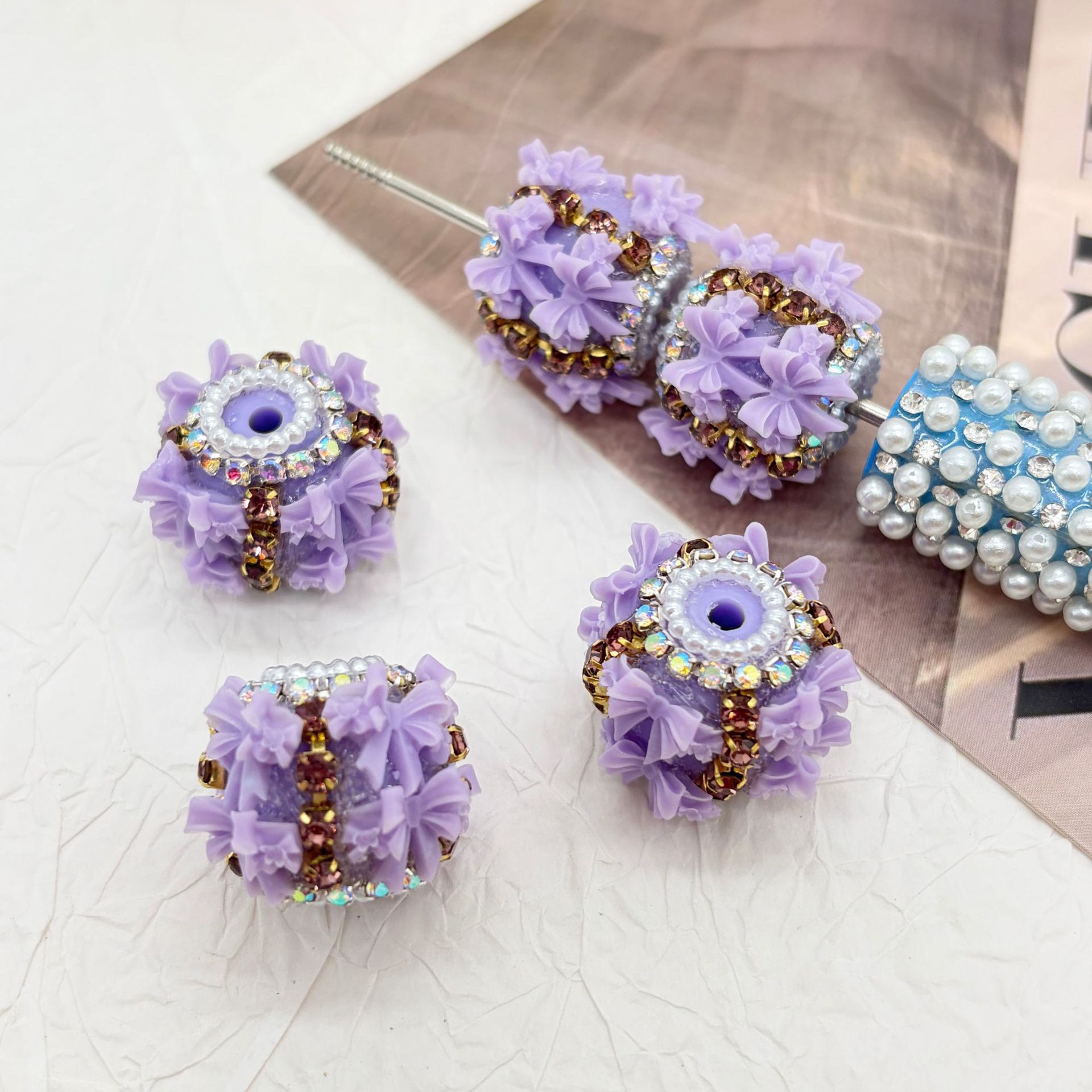 3D Bow Rhinestone Barrel Spacer Beads, Pearl Trim Craft Beads for DIY Pen Making & Jewelry Accessories
