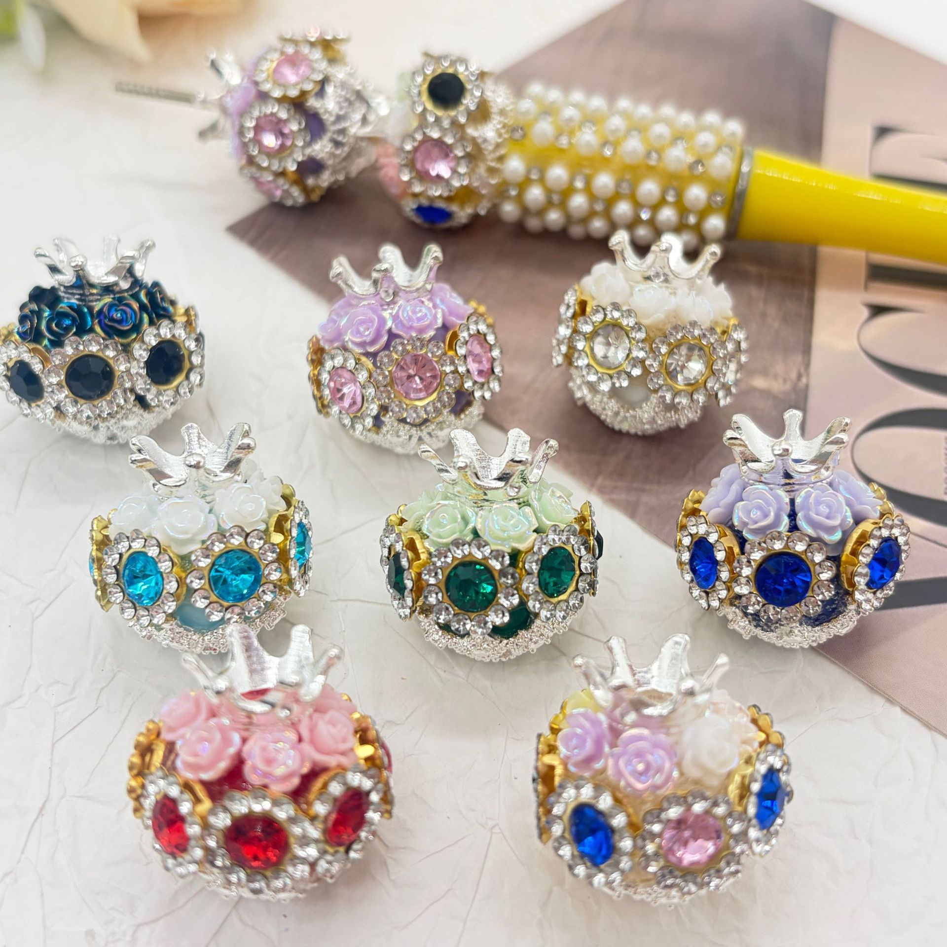 Crown Blue Rhinestone Rose Spacer Beads, Luxury Craft Beads for DIY Pen Making & Jewelry Accessories
