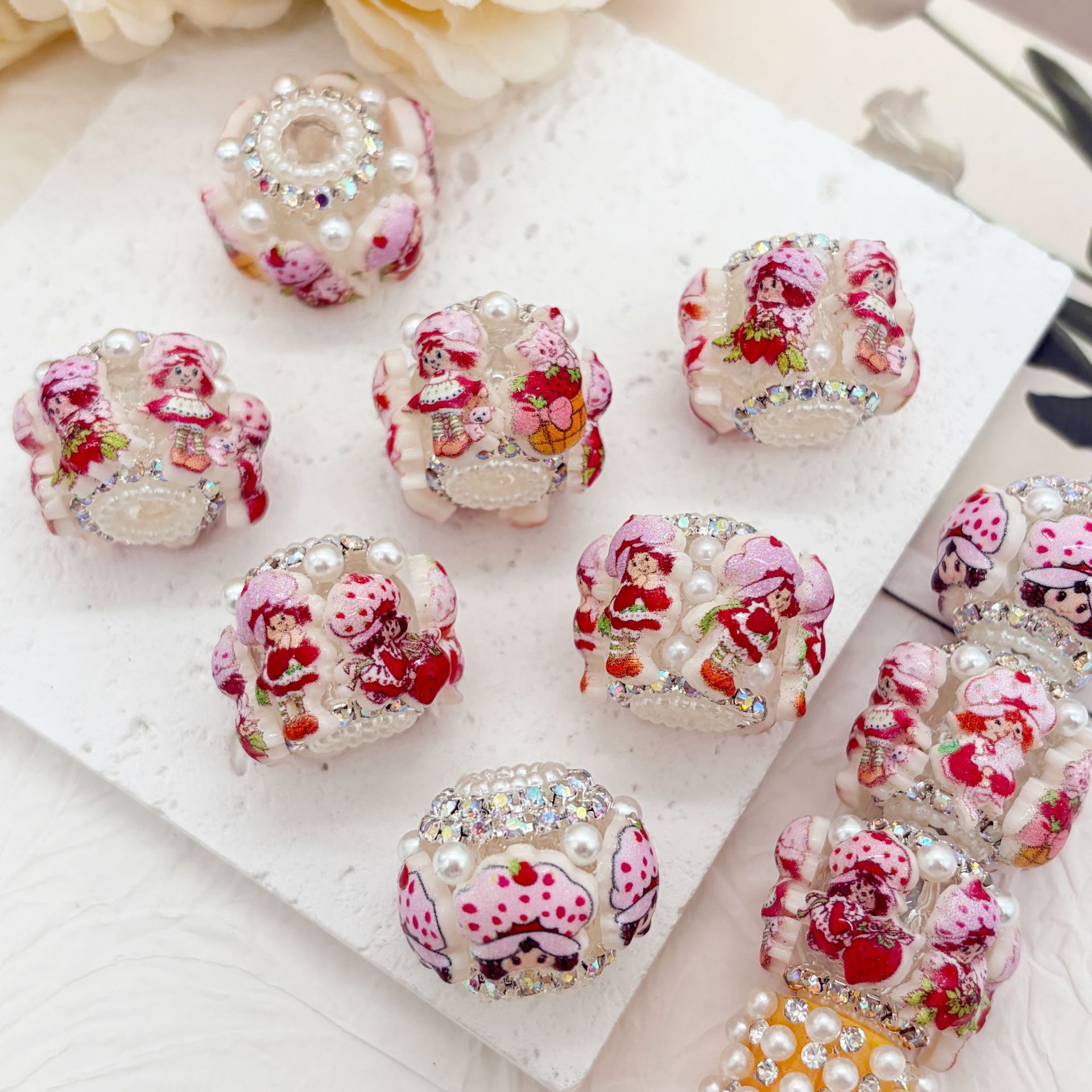 Strawberry Girl Printed Spacer Beads, Pearl Rhinestone Craft Beads for DIY Pen Making & Jewelry Accessories
