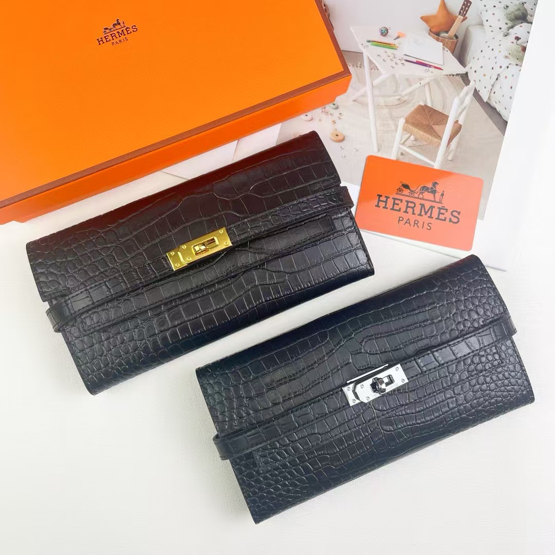 HERMES（エルメス） クロコ　ケリーウォレット　ブラック　長財布