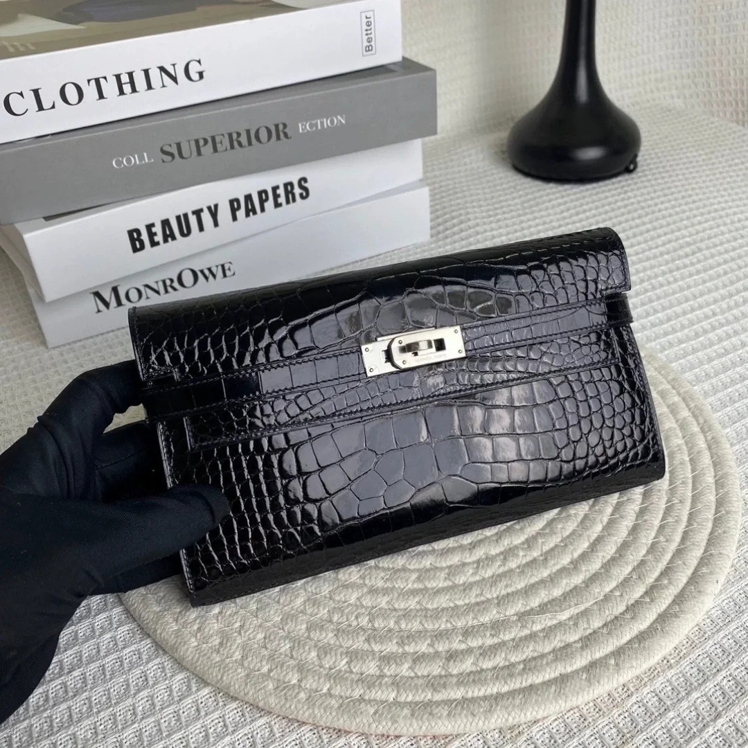 HERMES(エルメス) クロコ ケリーウォレット ブラック 長財布