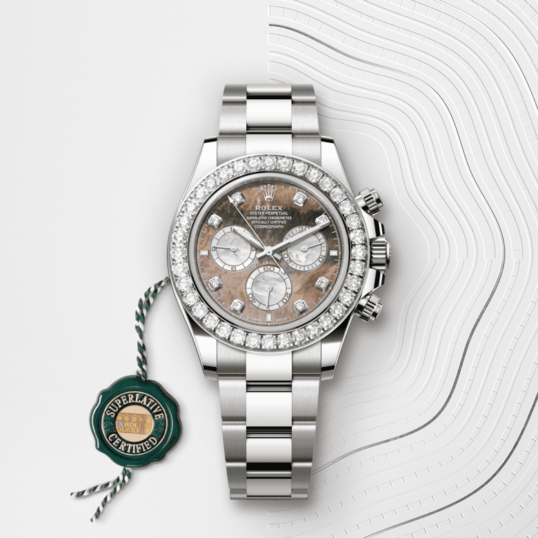 コスモグラフ デイトナ | オイスター、40 mm、ホワイトゴールド、ダイヤモンド  リファレンス 126579RBR-0001