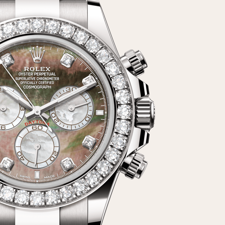 コスモグラフ デイトナ | オイスター、40 mm、ホワイトゴールド、ダイヤモンド  リファレンス 126579RBR-0001