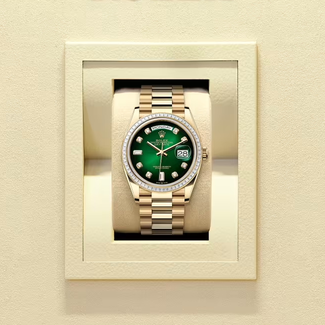デイデイト 36 | オイスター、36 mm、イエローゴールド、ダイヤモンド  リファレンス 128398TBR-0008