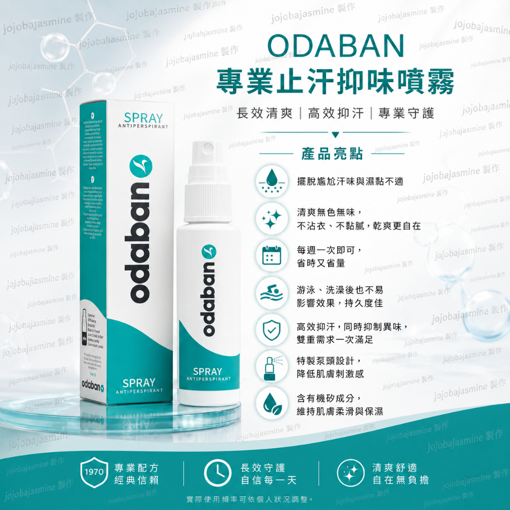 止汗噴霧劑 狐臭、手汗剋星！ 無色無味，不沾黏衣物，使肌膚清新乾爽 獨特泵筒噴頭防水設計，保護肌膚不受酸性物質刺激！