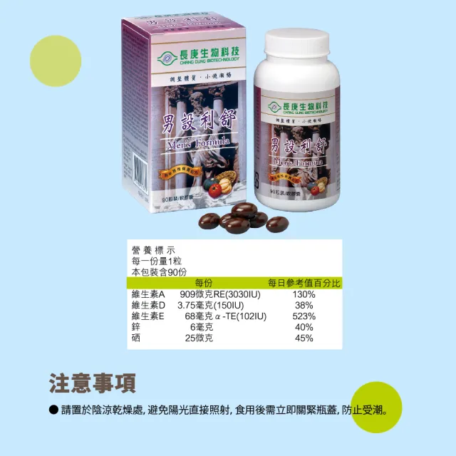男設利舒營養標示 90粒軟膠囊 維生素A D3 E 鋅 硒成分含量