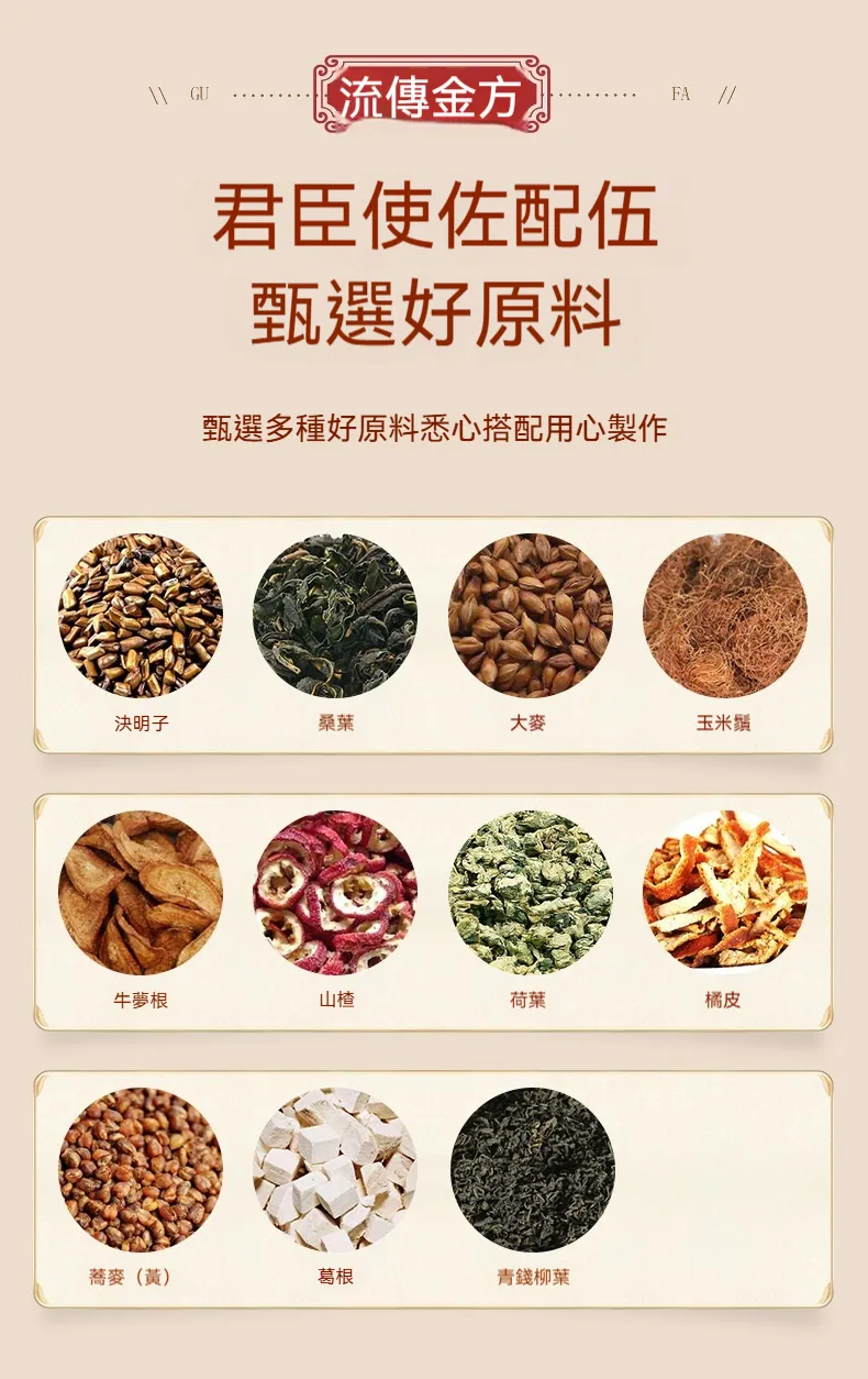 君臣佐使配伍 決明子 桑葉 大麥 玉米鬚 牛蒡根 山楂 荷葉 橘皮 蕎麥 葛根 青錢柳葉