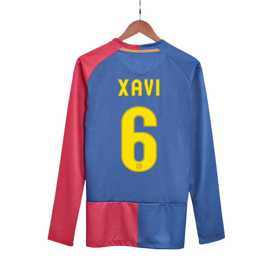 Retro XAVI #6 Barcelona Mens Home Long Sleeve Soccer Jersey UCL Final UCL 2008/09 Red&Blue