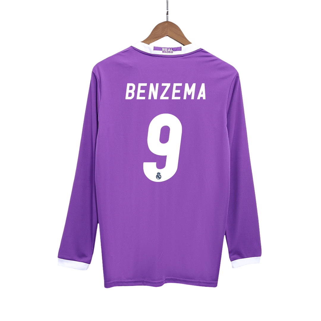 Retro BENZEMA #9 Real Madrid Mens Away Long Sleeve Soccer Jersey 2016/17 Purple