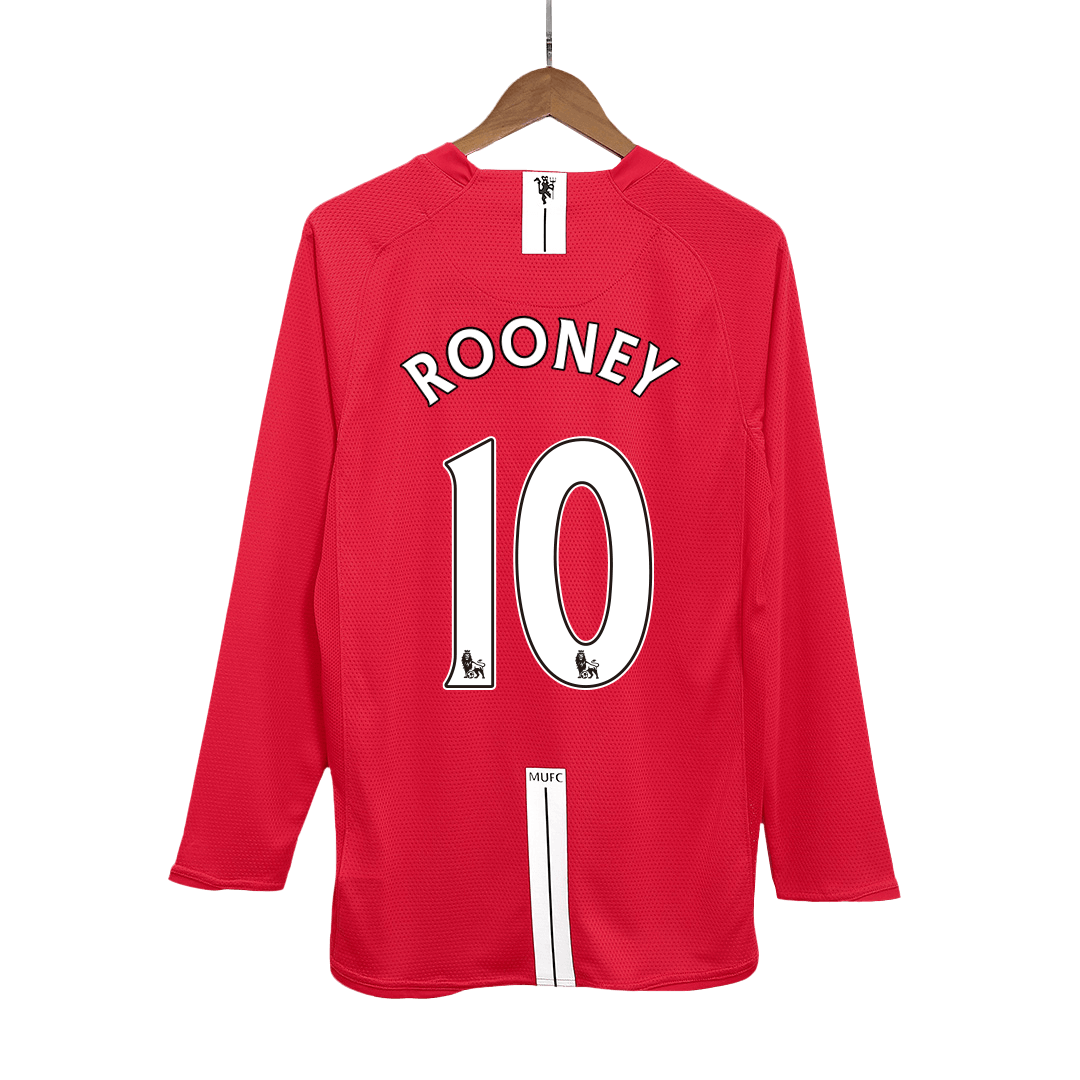 Retro ROONEY #10 Manchester United Mens Home Long Sleeve Soccer Jersey 2007/08 Red