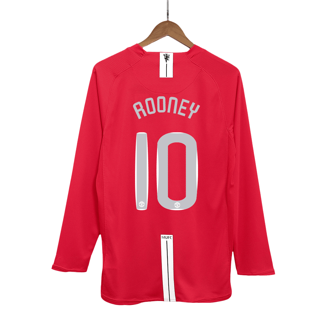 Retro ROONEY #10 Manchester United Mens Home Long Sleeve Soccer Jersey UCL Final UCL 2007/08 Red