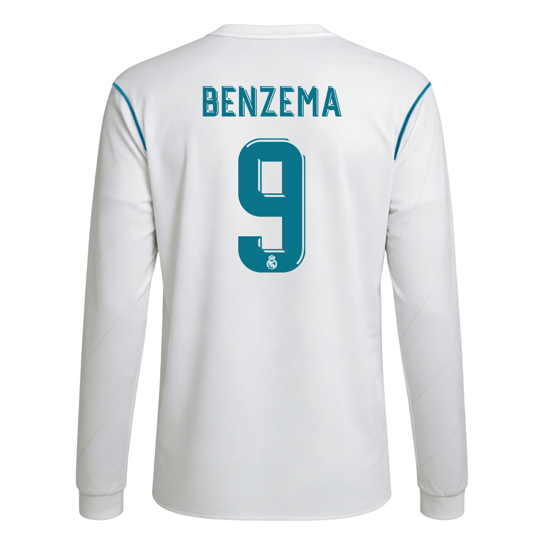 Retro BENZEMA #9 Real Madrid Mens Home Long Sleeve Soccer Jersey 2017/18 White