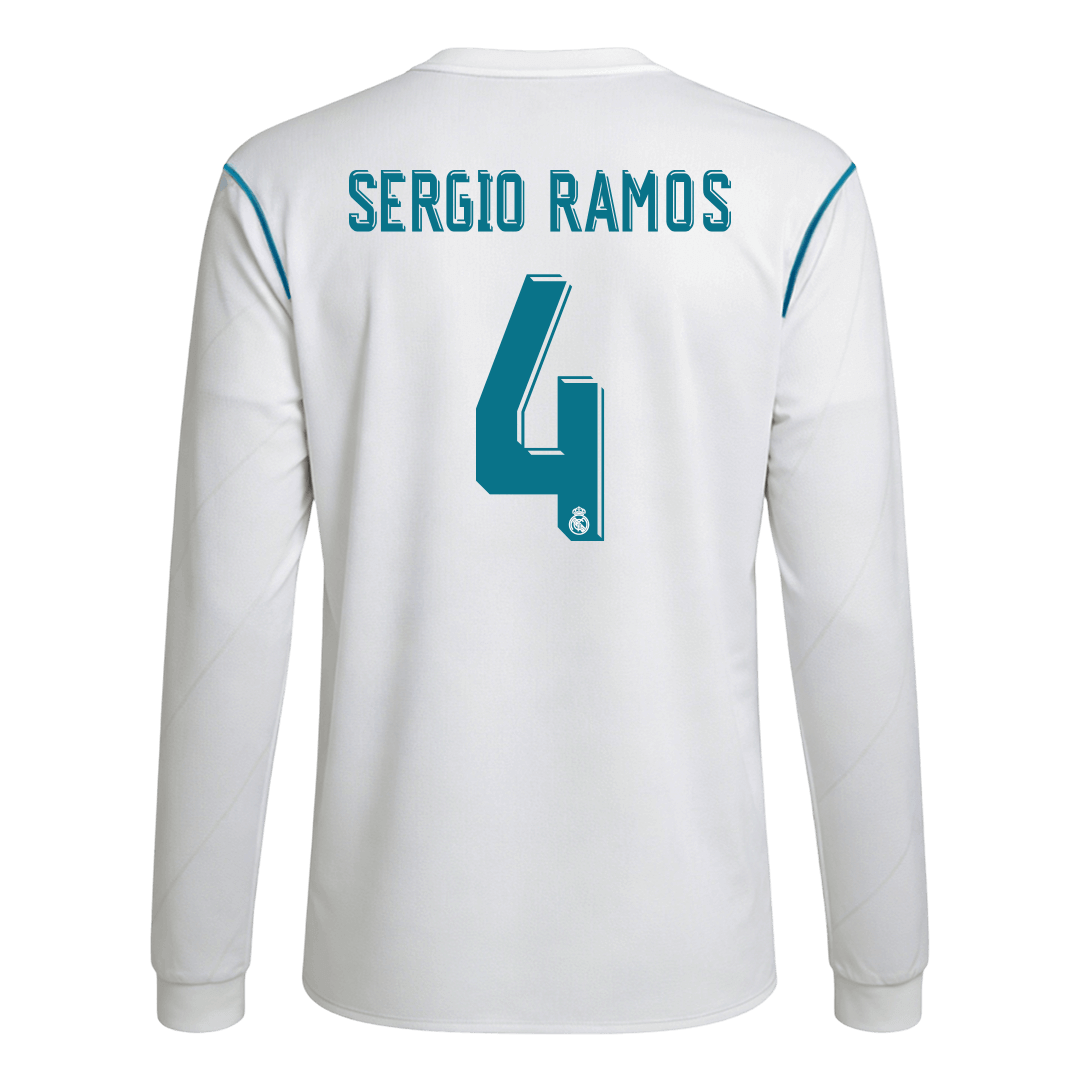 Retro SERGIO RAMOS #4 Real Madrid Mens Home Long Sleeve Soccer Jersey 2017/18 White