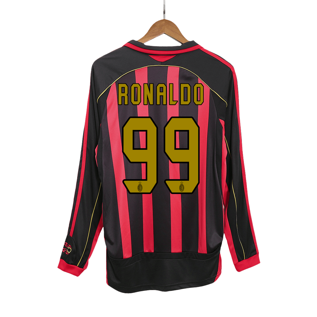 Retro RONALDO #99 AC Milan Mens Home Long Sleeve Soccer Jersey 2006/07 Red&Black